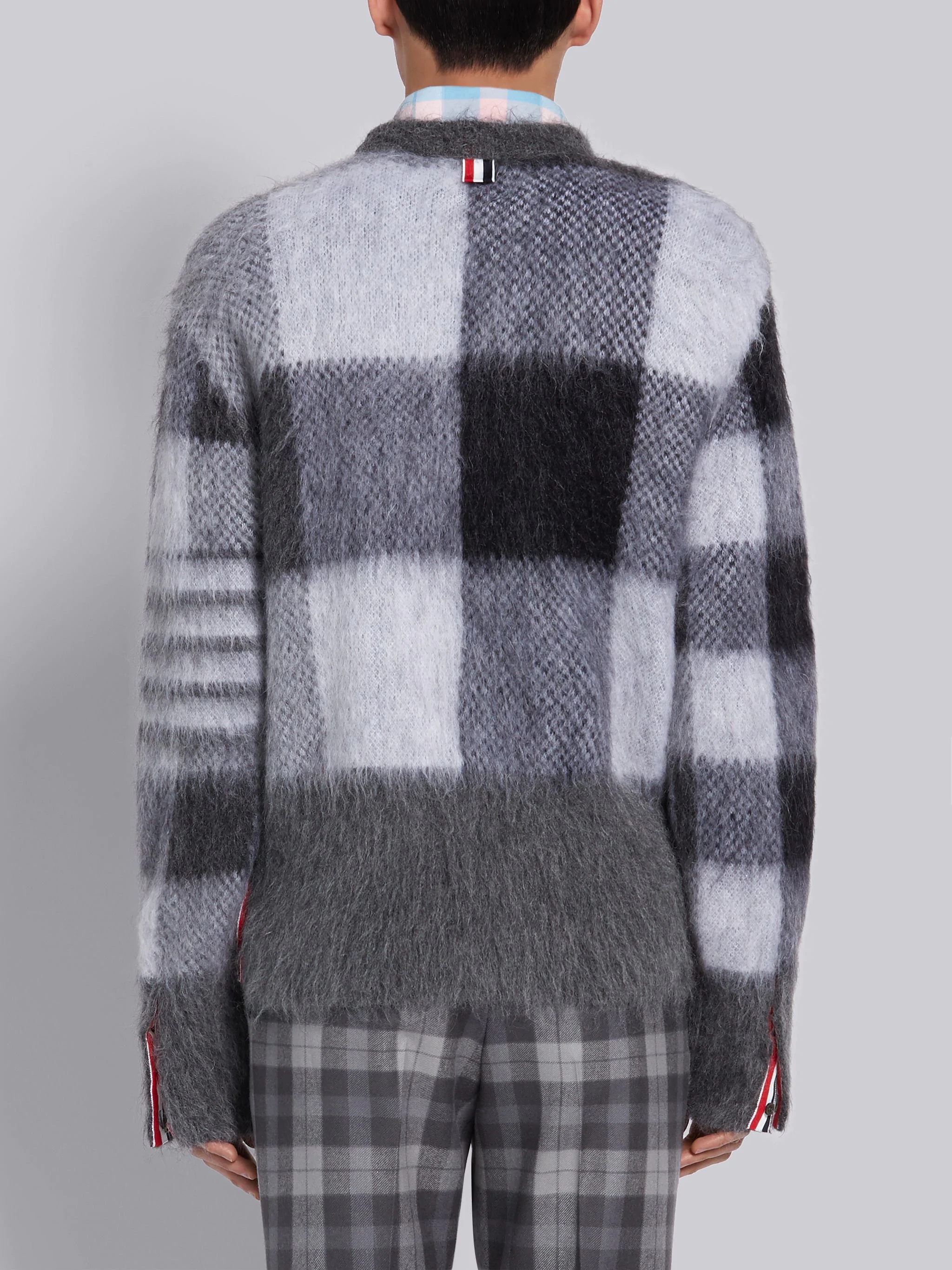 Tonal Grey Buffalo Check Funmix Super Kid Mohair Crew Neck 4-Bar Pullover - 3