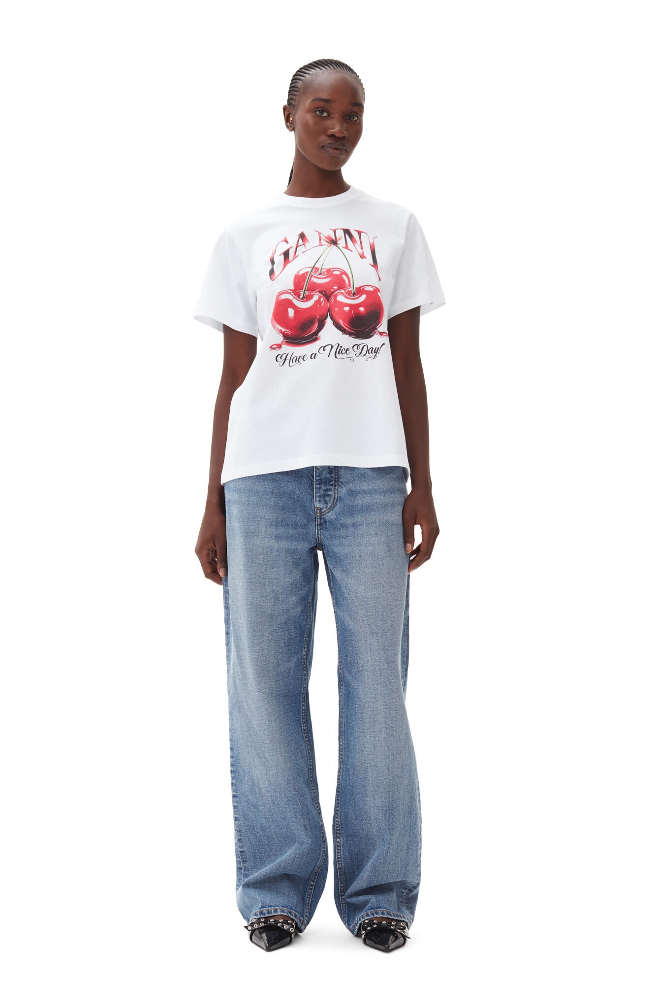 WHITE BASIC JERSEY CHERRY RELAXED T-SHIRT - 3