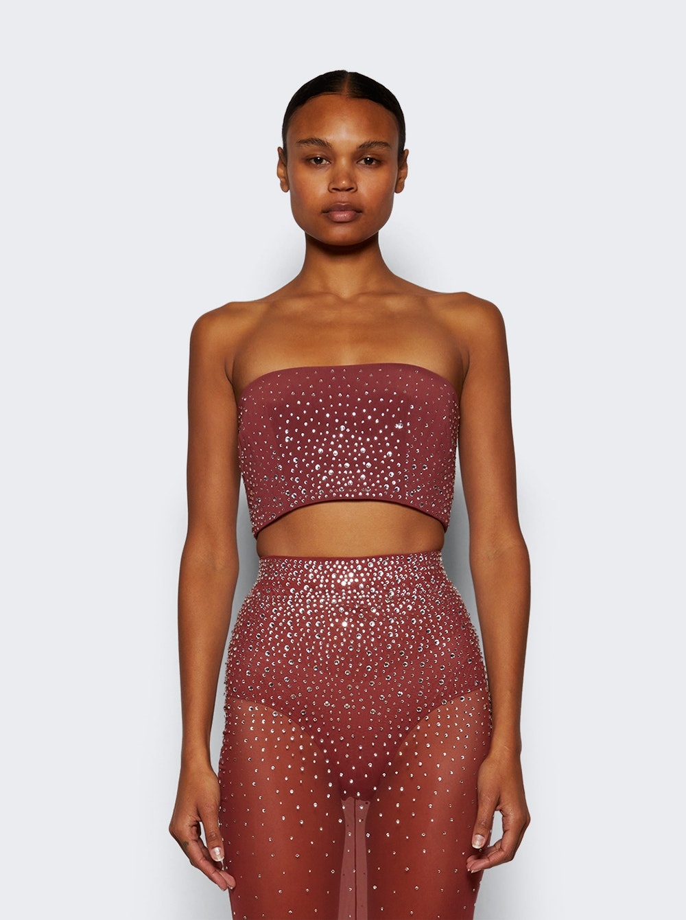 Strapless Crop Top In Crystal Porwer Mesh Cognac - 3