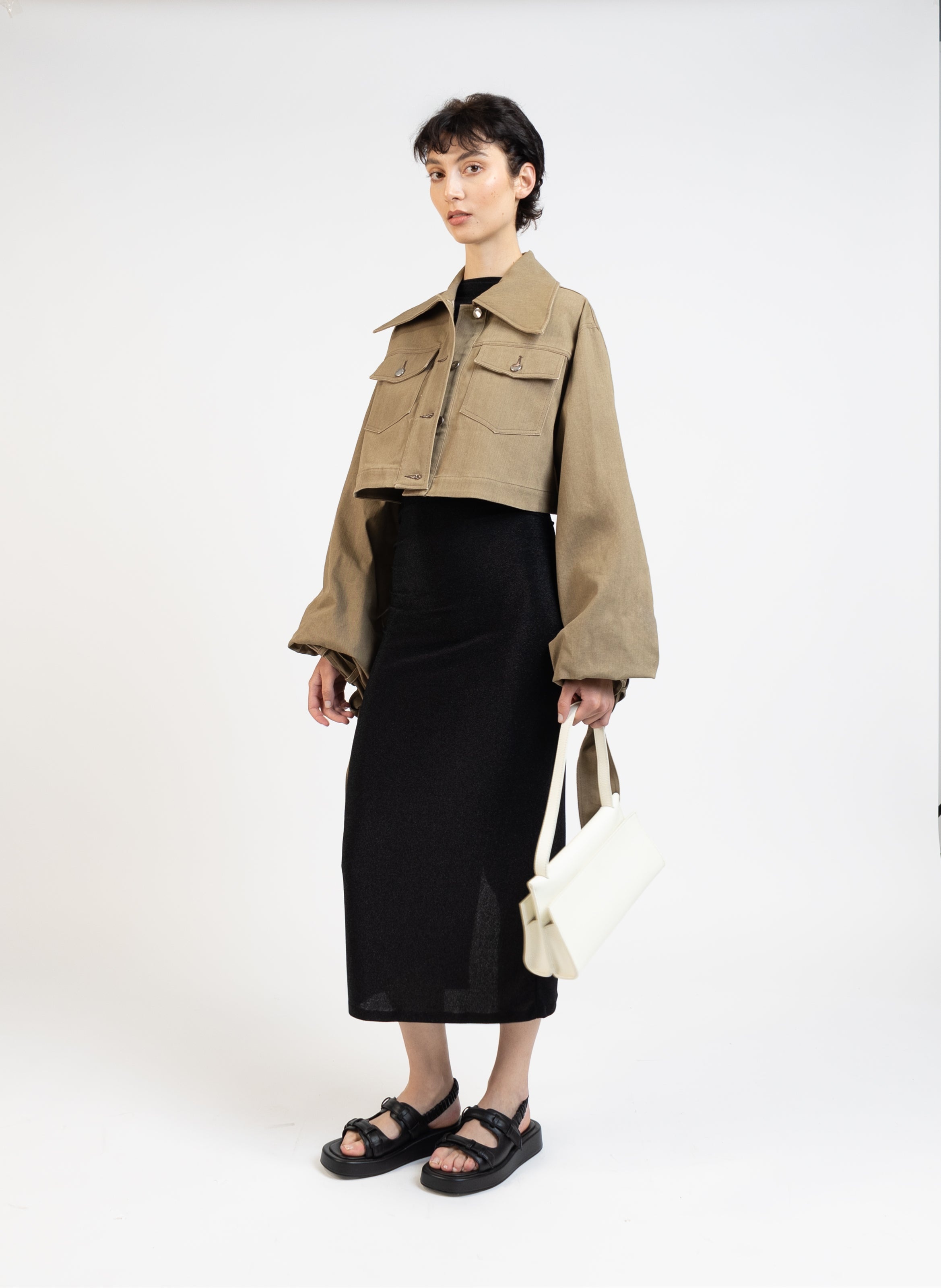 Denim Jacket with Maxi Sleeves/Khaki - 3