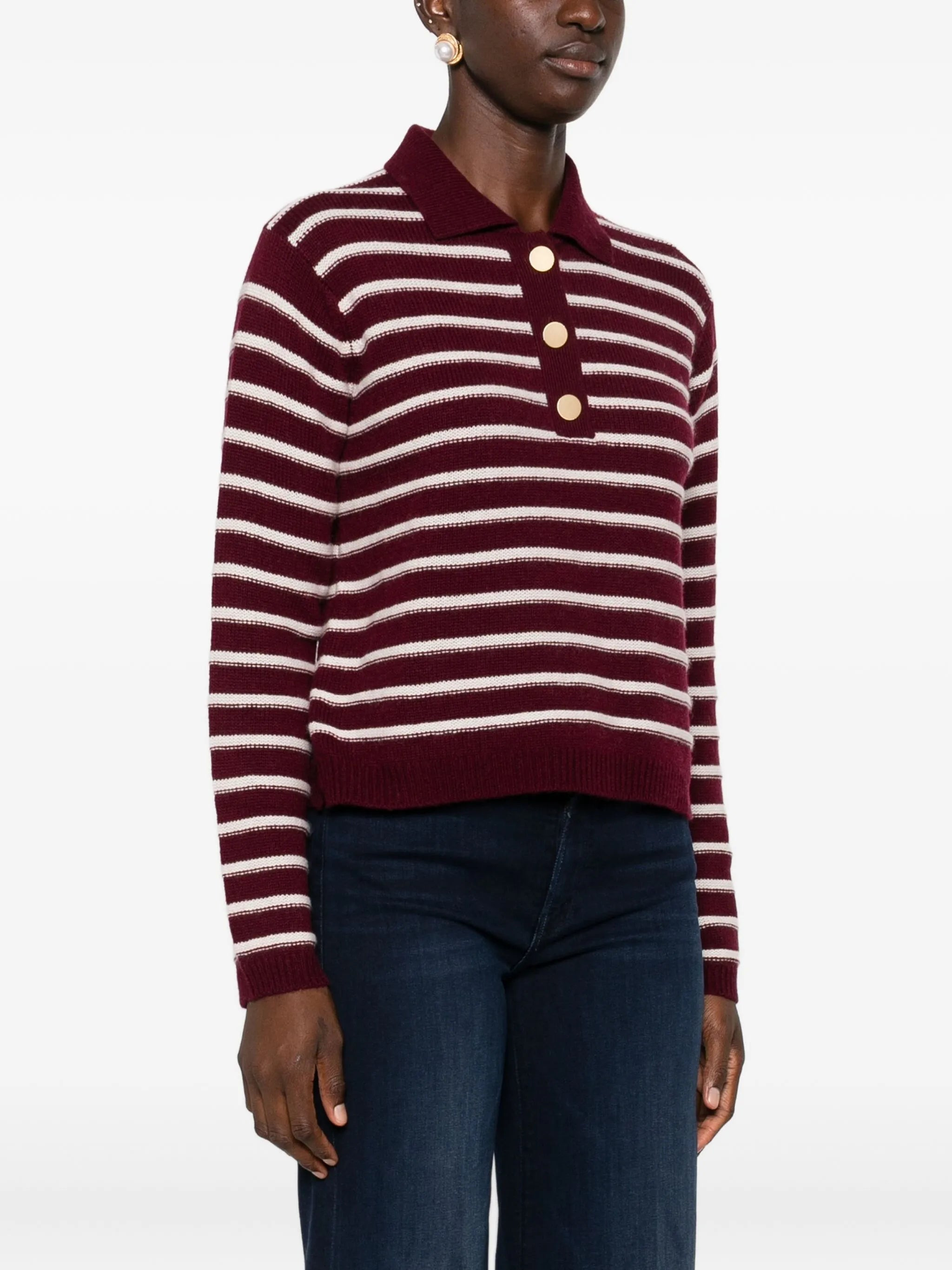 Allude Striped Button-placket Polo Top - 3