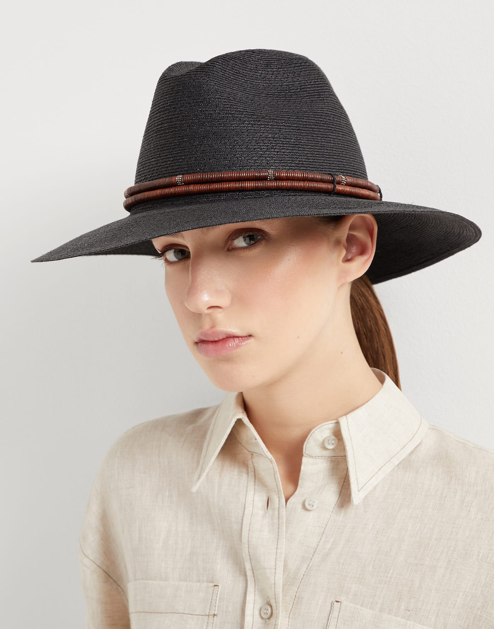 Techno hemp and cotton fedora with leather and monili band - 3