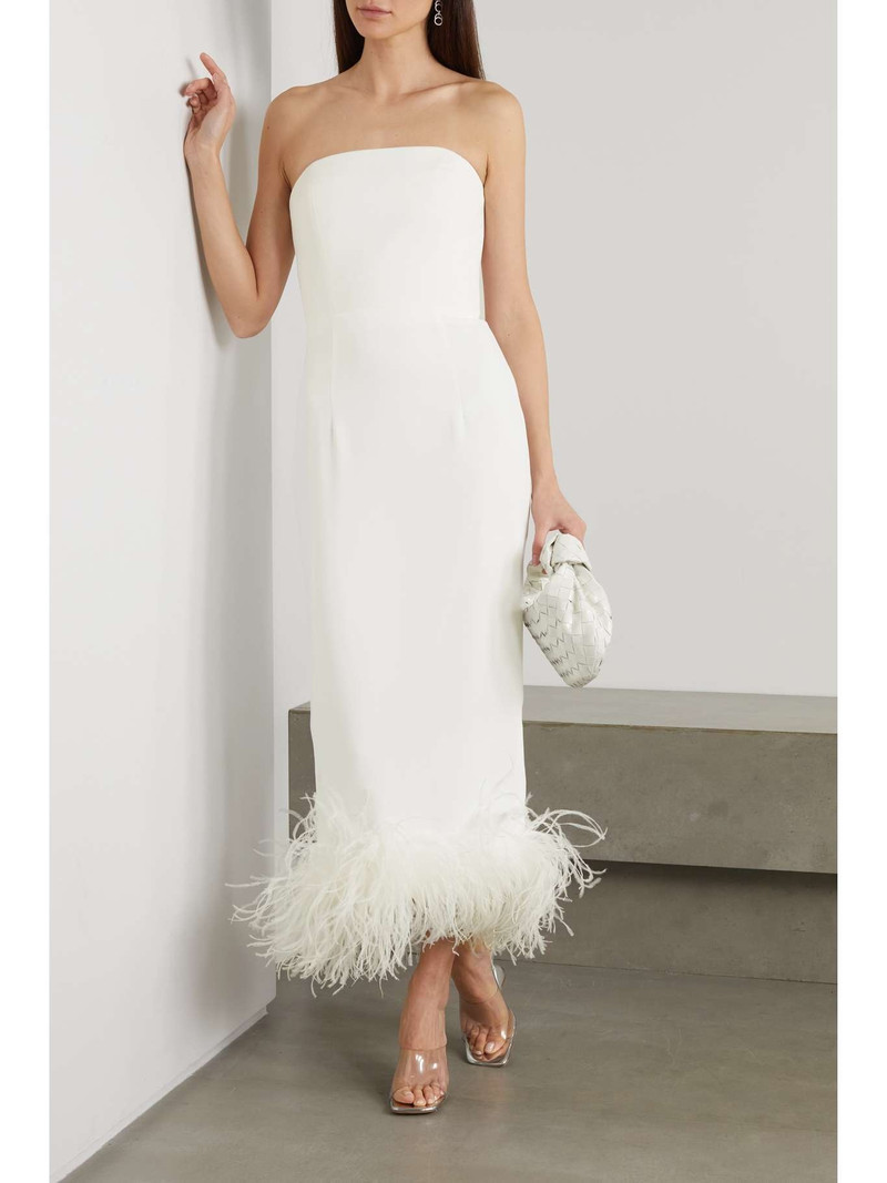 16ARLINGTON Minelli strapless feather-trimmed crepe midi dress outlook