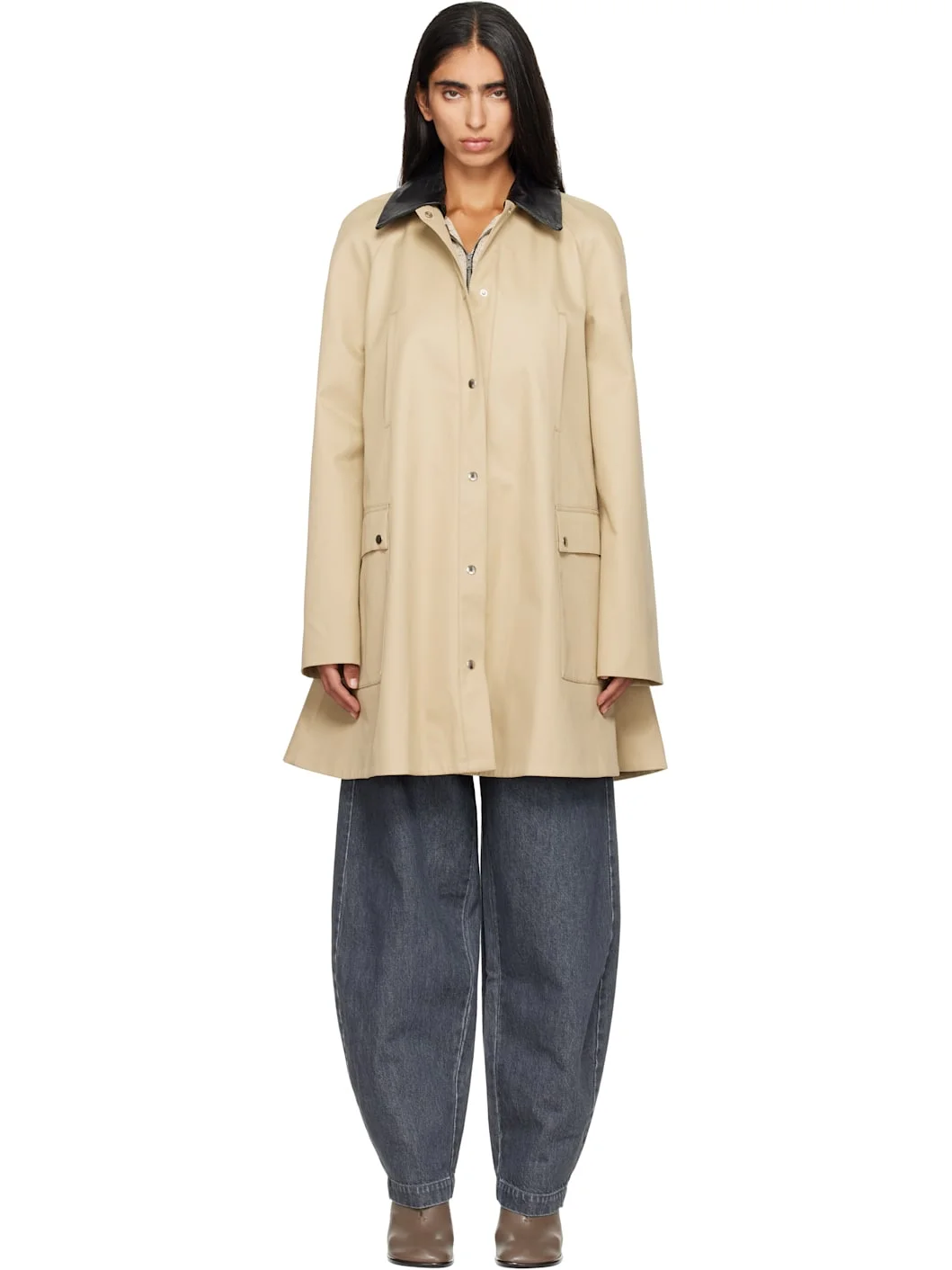 Beige Leather Collar Voluminous Coat - 1