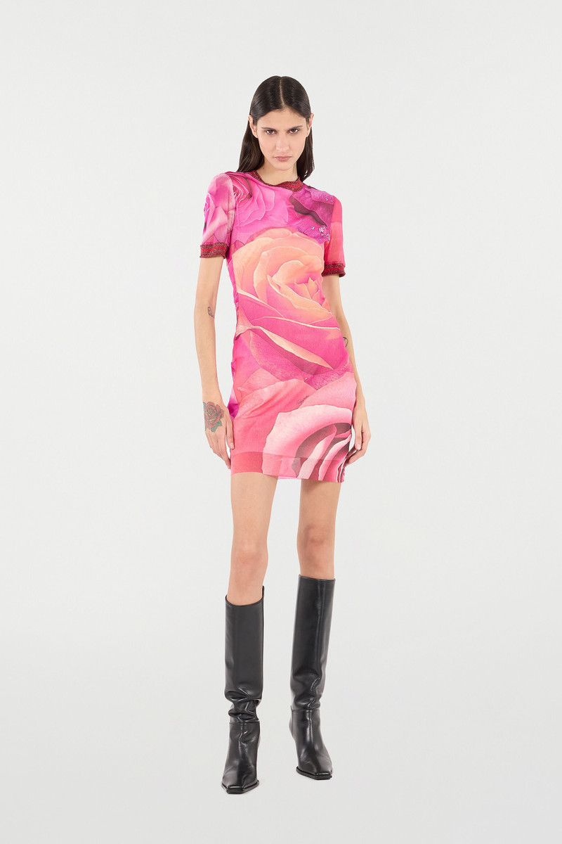 Roberto Cavalli Short Rose-Print Dress With Glittery Trims outlook