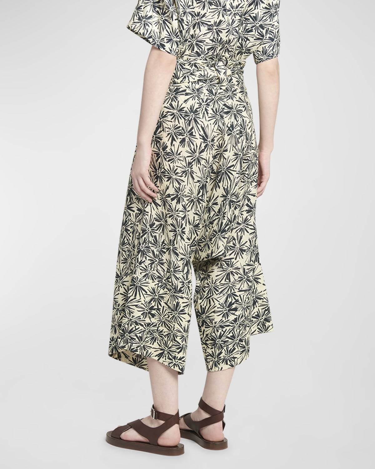 Yuki Flower-Print Wrap-Waist Wide-Leg Crop Linen Pants - 6