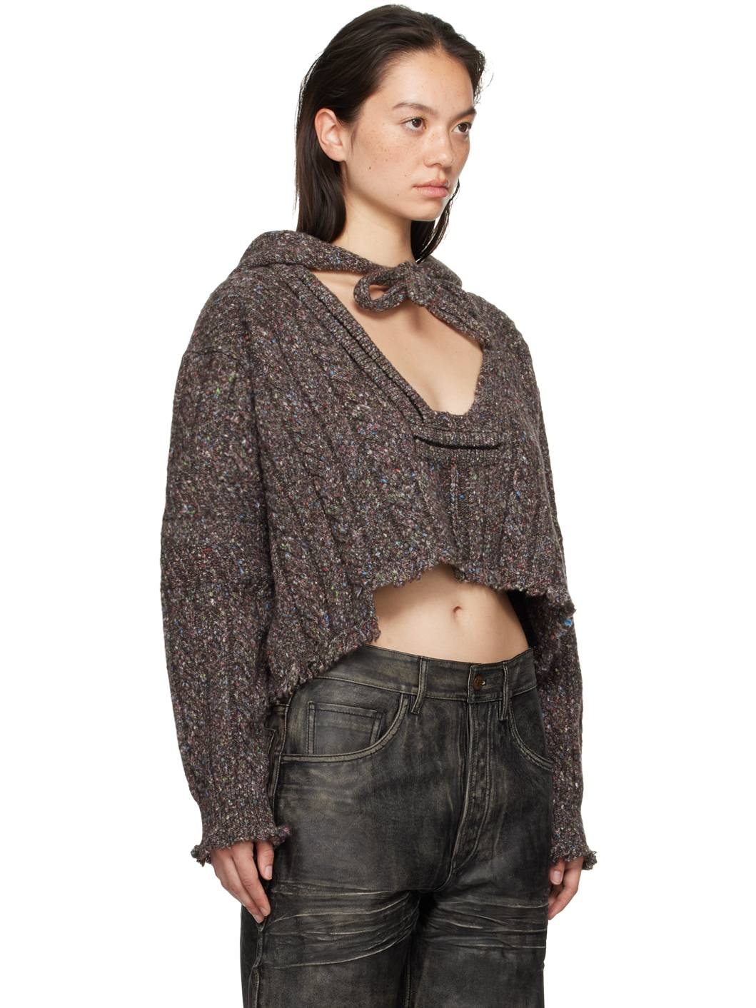 Brown Knit Open Collar Hoodie - 2