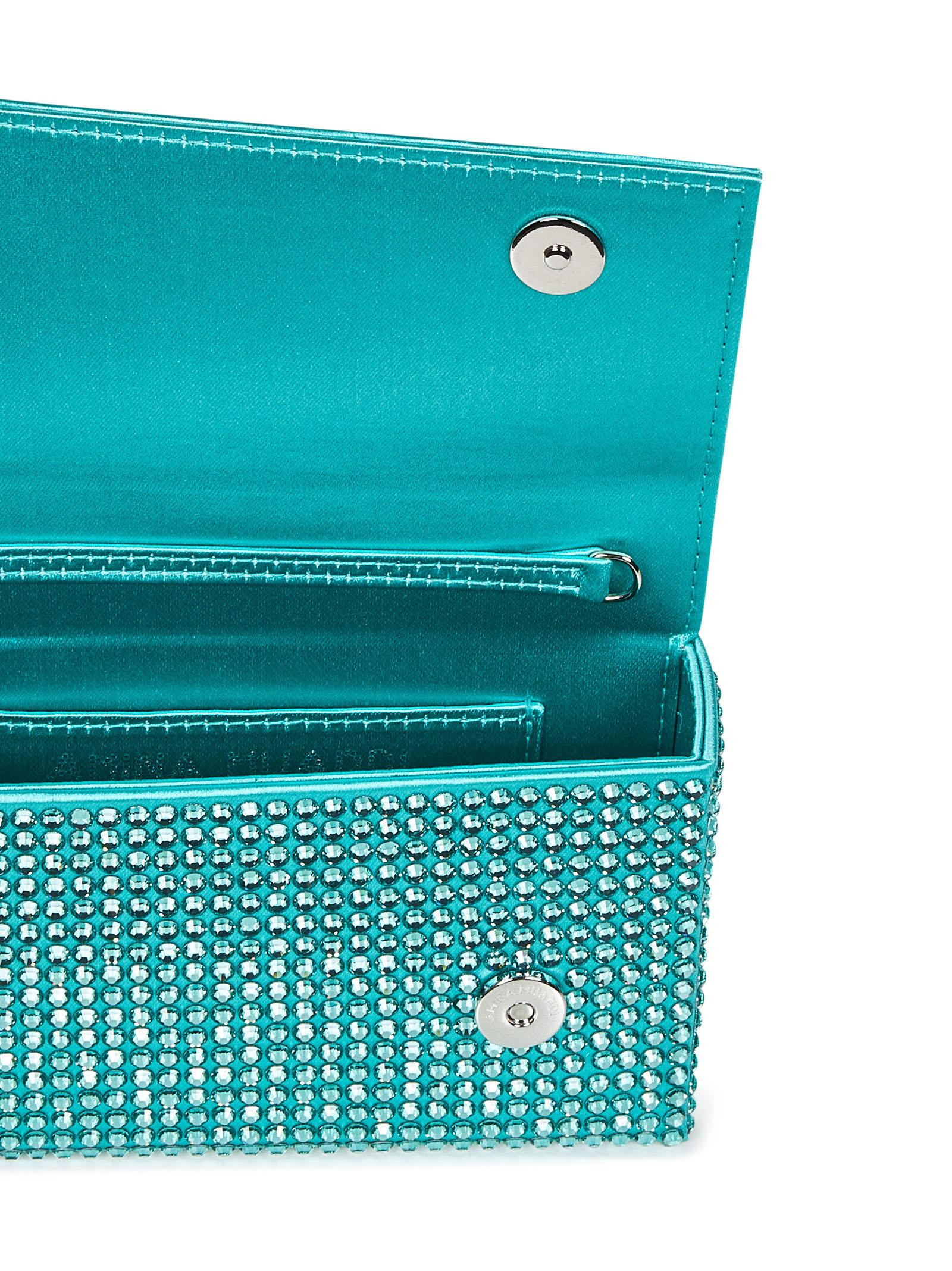Caribbean-colored silk blend satin and crystals clutch with silver chain shoulder strap. - 4