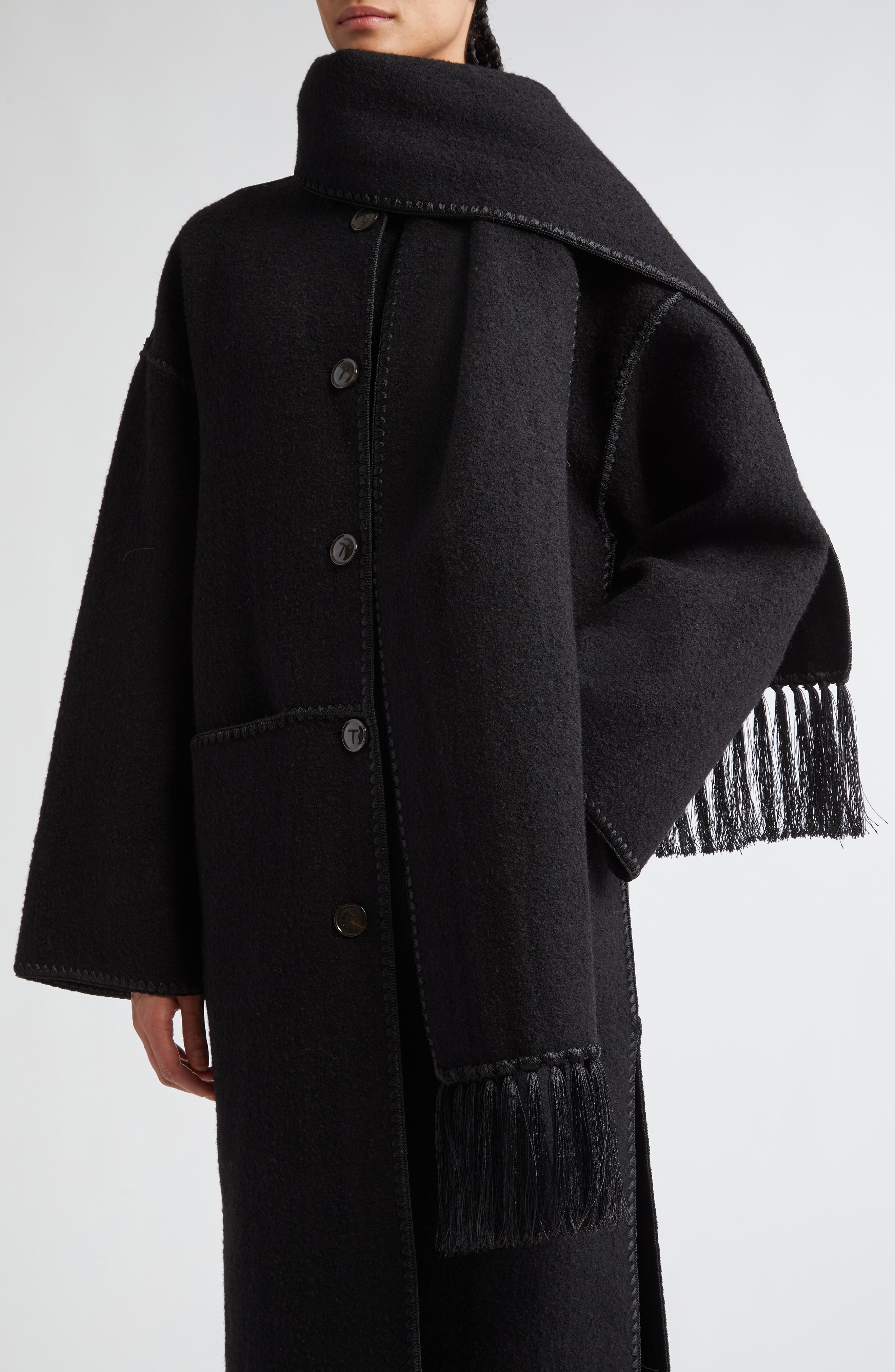TOTEME Embroidered Scarf Wool Blend Coat in Black at Nordstrom - 5