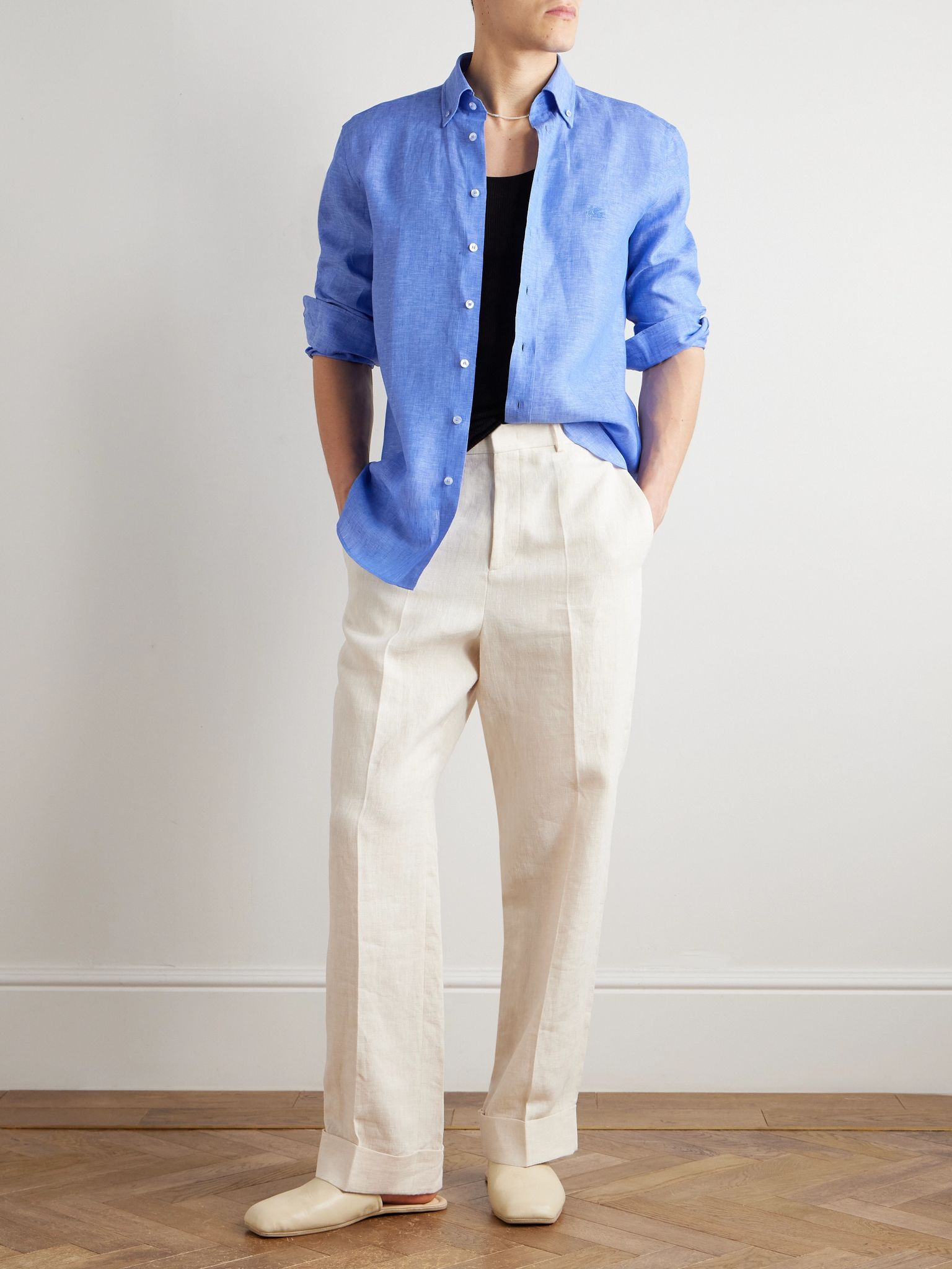 Logo-Embroidered Linen Shirt Blue - 2
