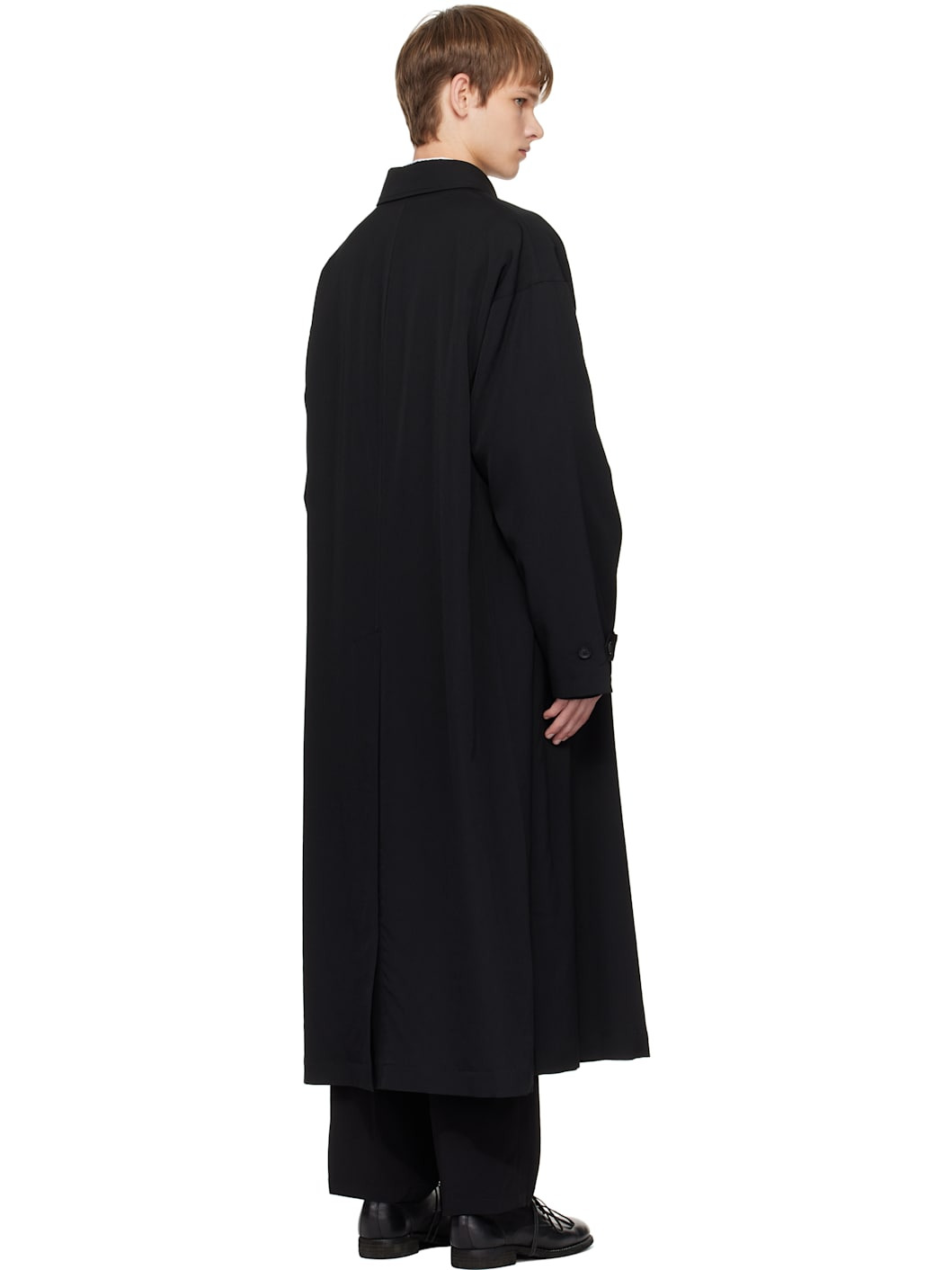 Black Wool Gabardine Designed Sleeve Coat - 3