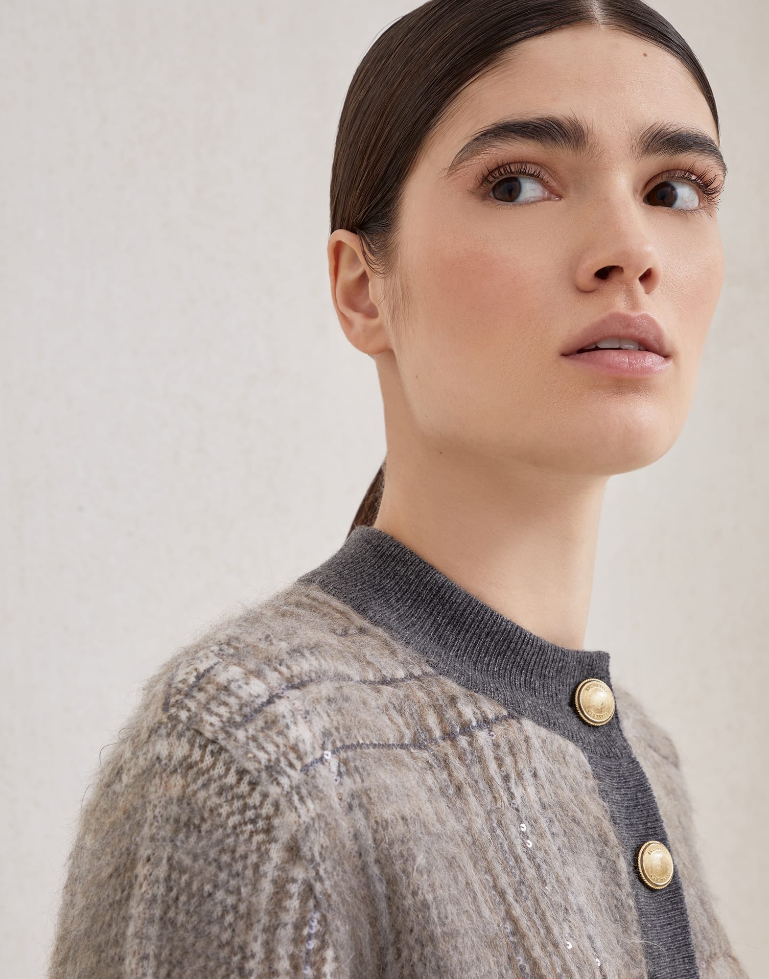 Mohair, virgin wool and cashmere jacquard cardigan with dazzling check embroidery - 3