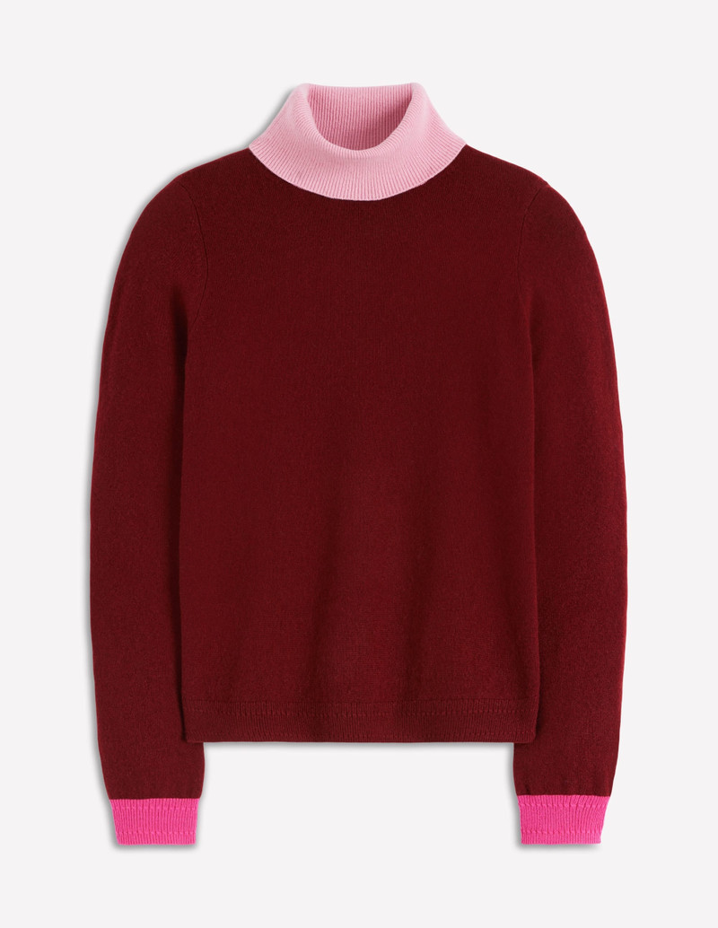 Eva Cashmere Roll Neck Sweater-Chestnut, Colour Block 8
