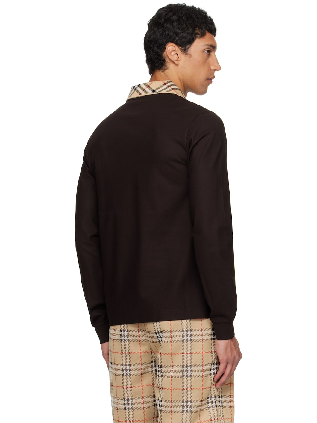 Brown Long Sleeve Check Collar Cotton Polo - 3