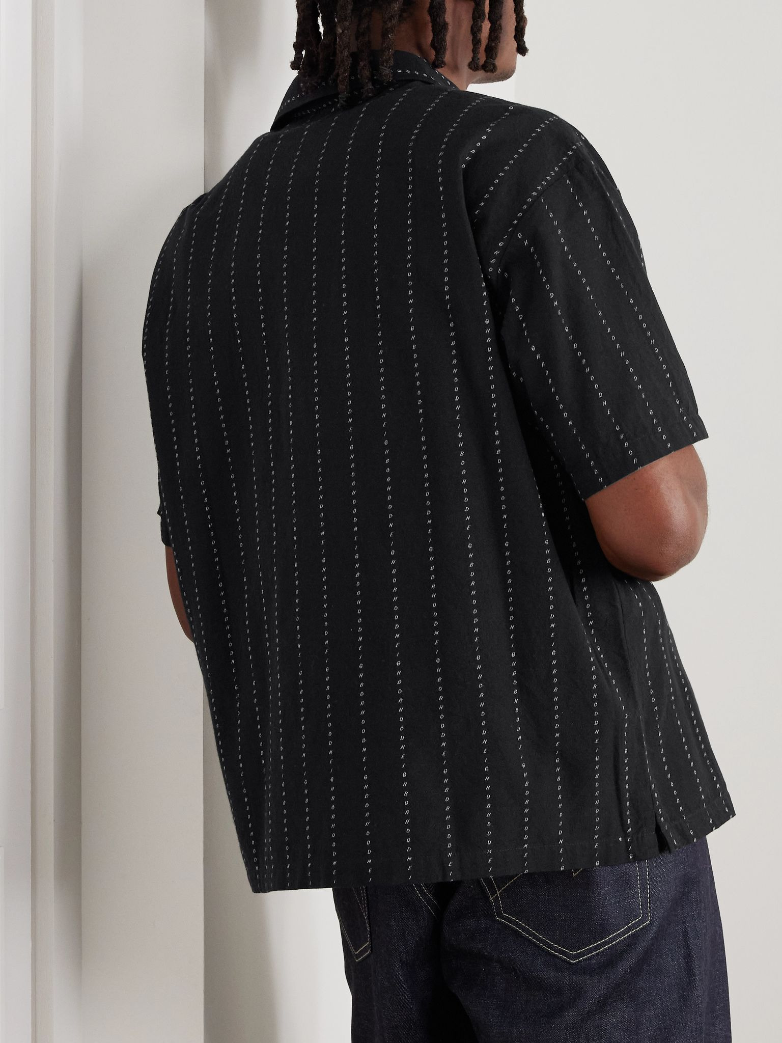 Dobby Convertible-Collar Striped Cotton-Poplin Shirt Black - 3