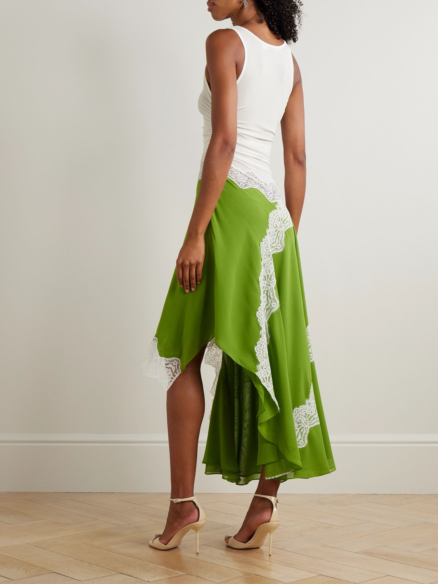 Asymmetric lace-trimmed ruched stretch-jersey and crepe dress Green - 3