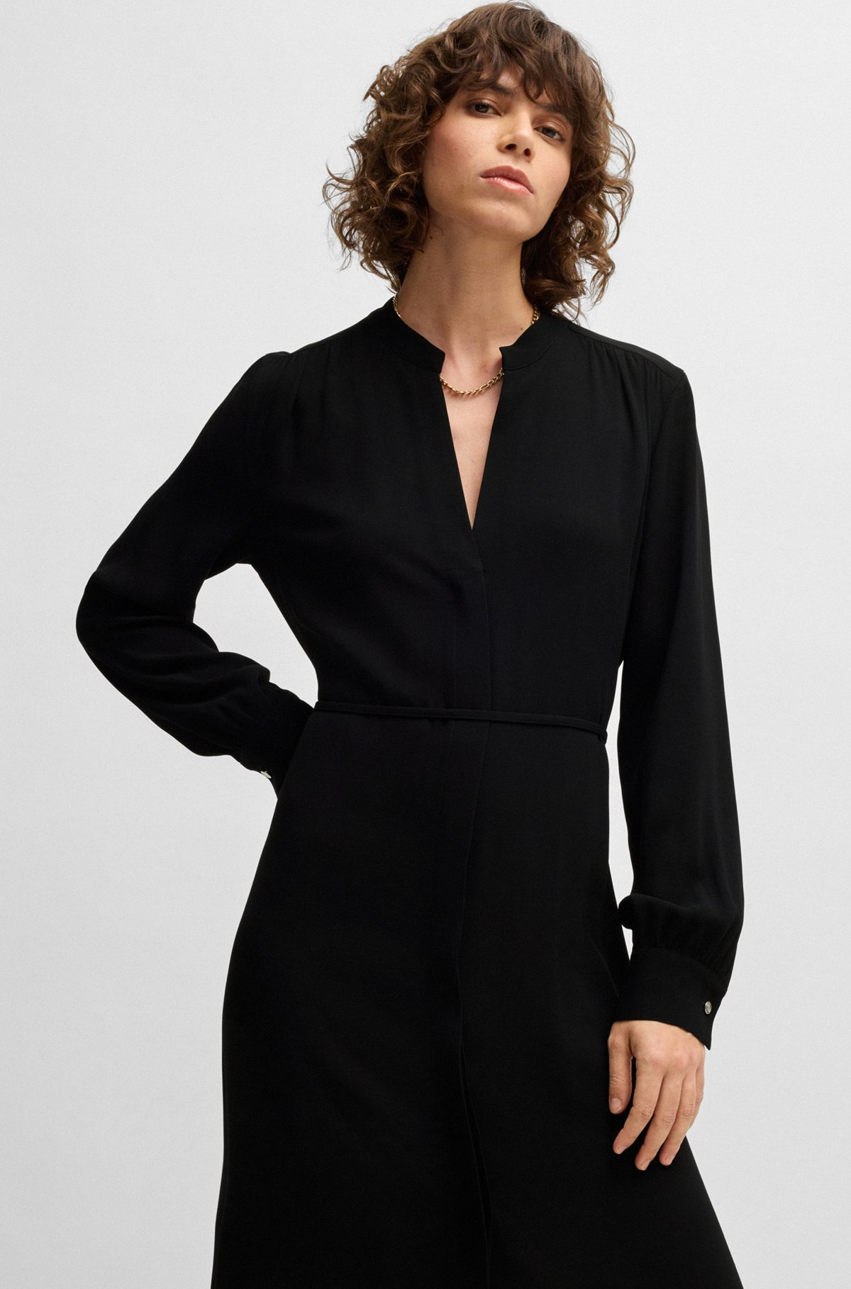 BELTED DRESS WITH COLLARLESS V NECKLINE AND BUTTON CUFFS - 4