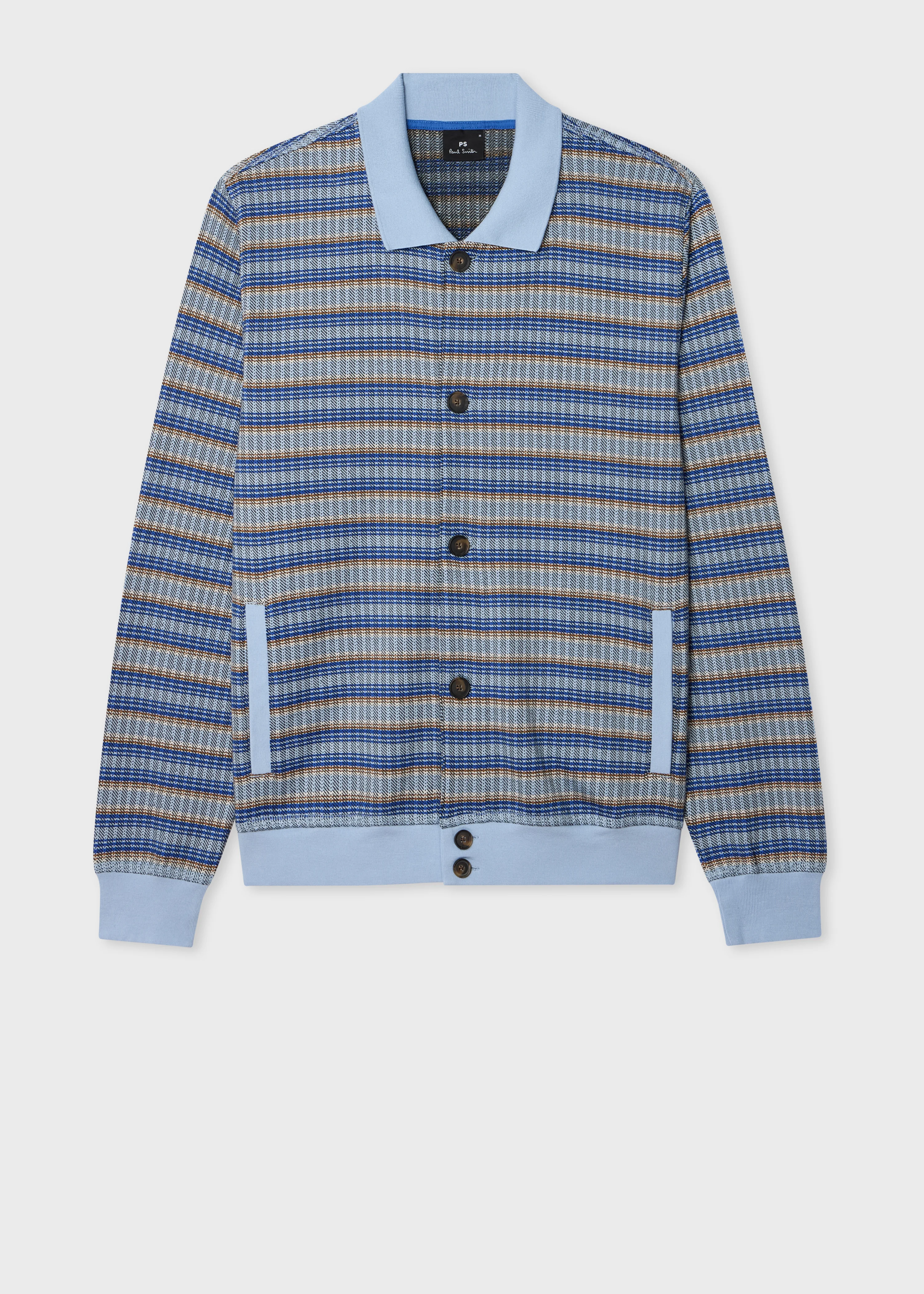 Blue Cotton-Blend Textured Stripe Cardigan - 1