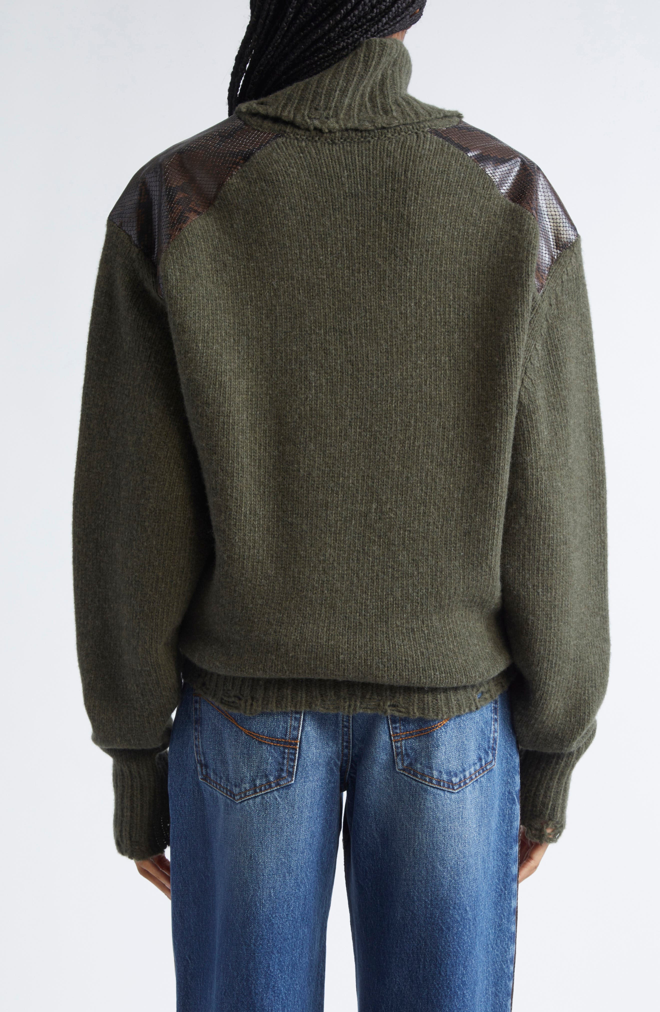 Stella McCartney Snakeskin Embossed Faux Leather & Virgin Wool Sweater in Dark Khaki at Nordstrom - 3