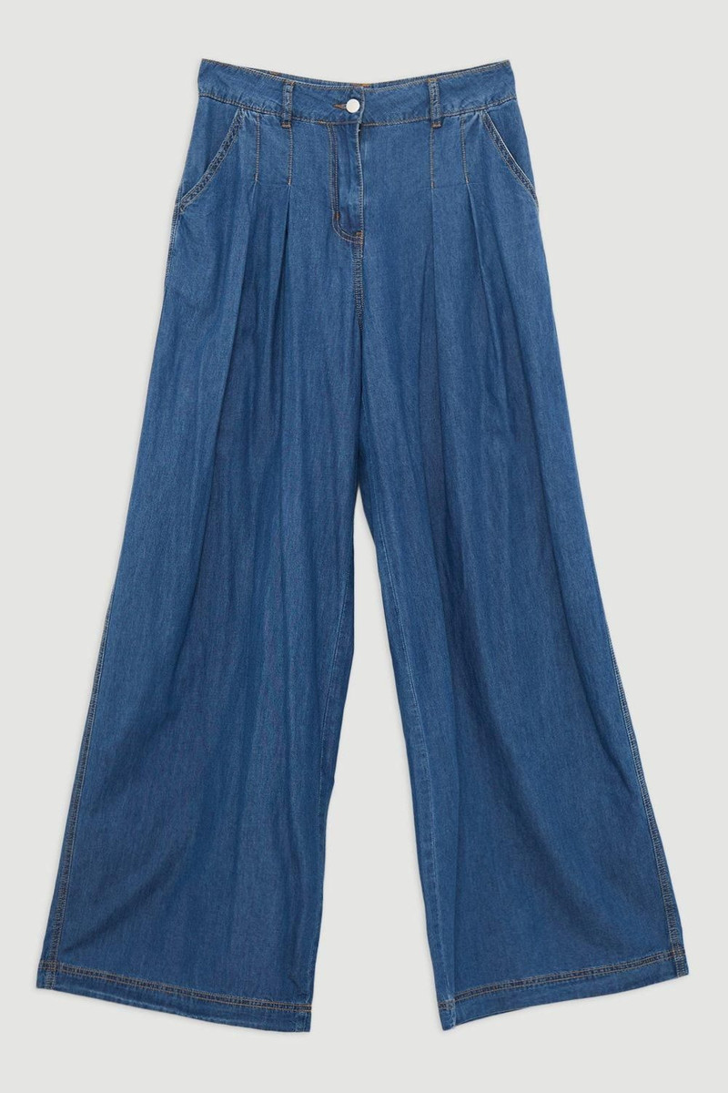 Tailored Chambray Denim Wide Leg Pleated Trousers 4