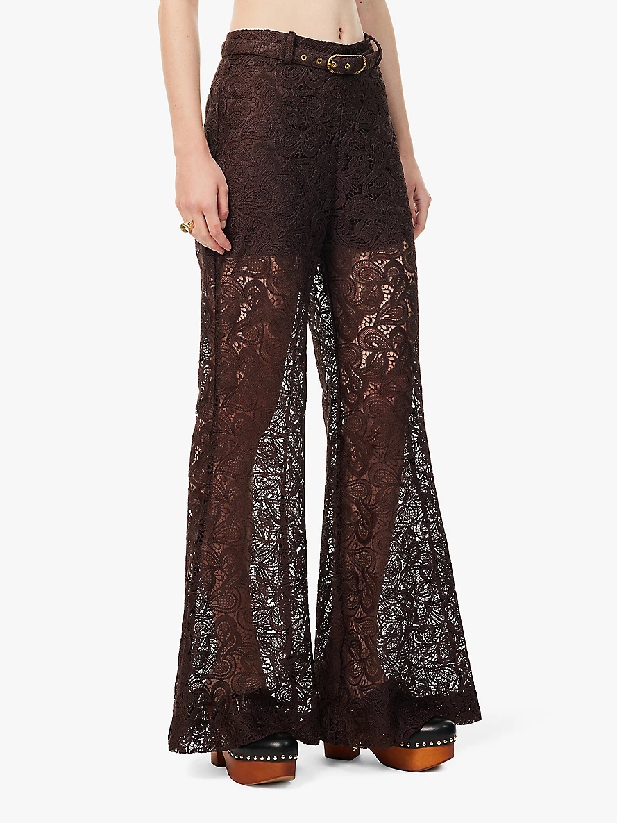 Buckle belt flared-leg high-rise lace trousers - 3