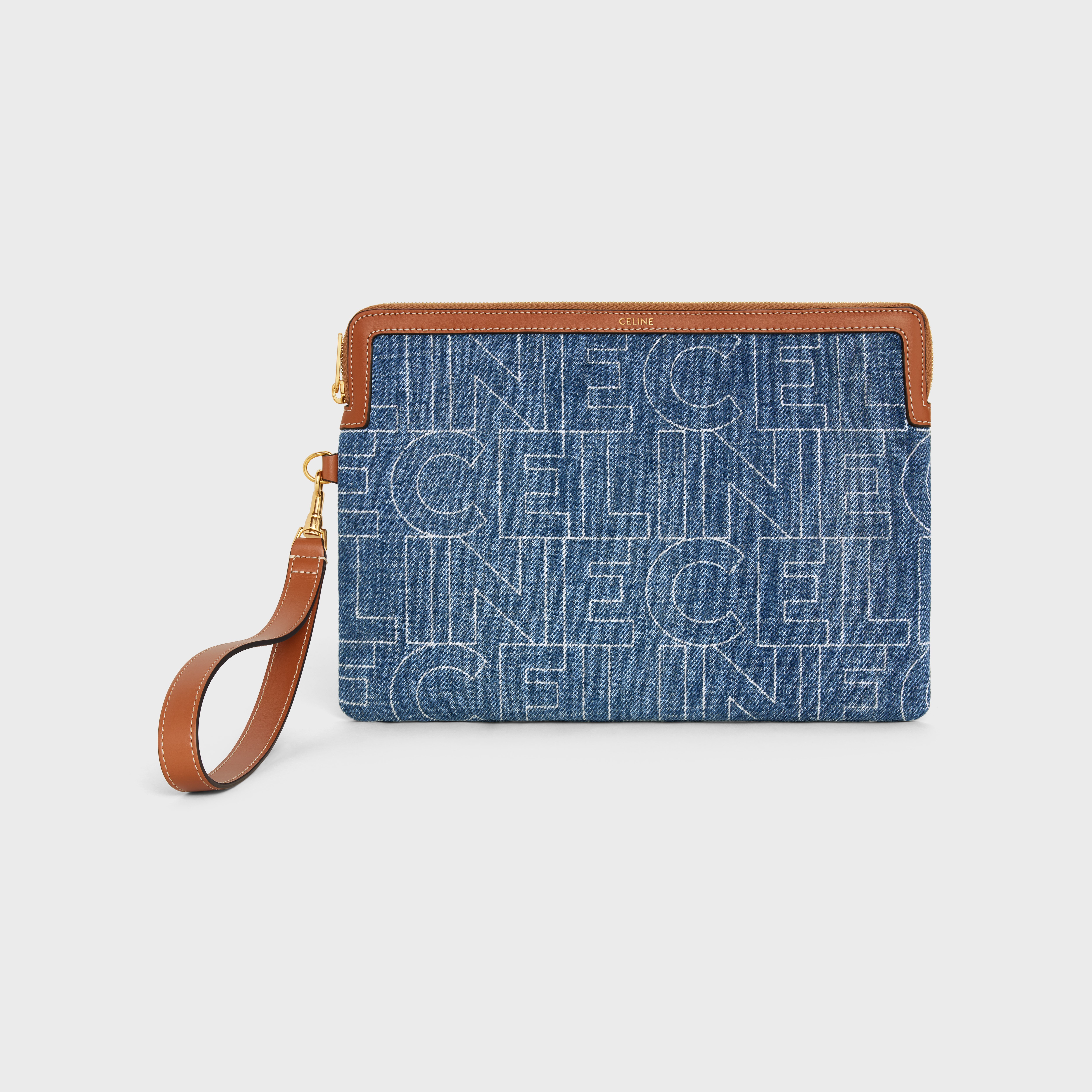 SMALL POUCH WITH STRAP in DENIM WITH CELINE ALL-OVER PRINT - 1