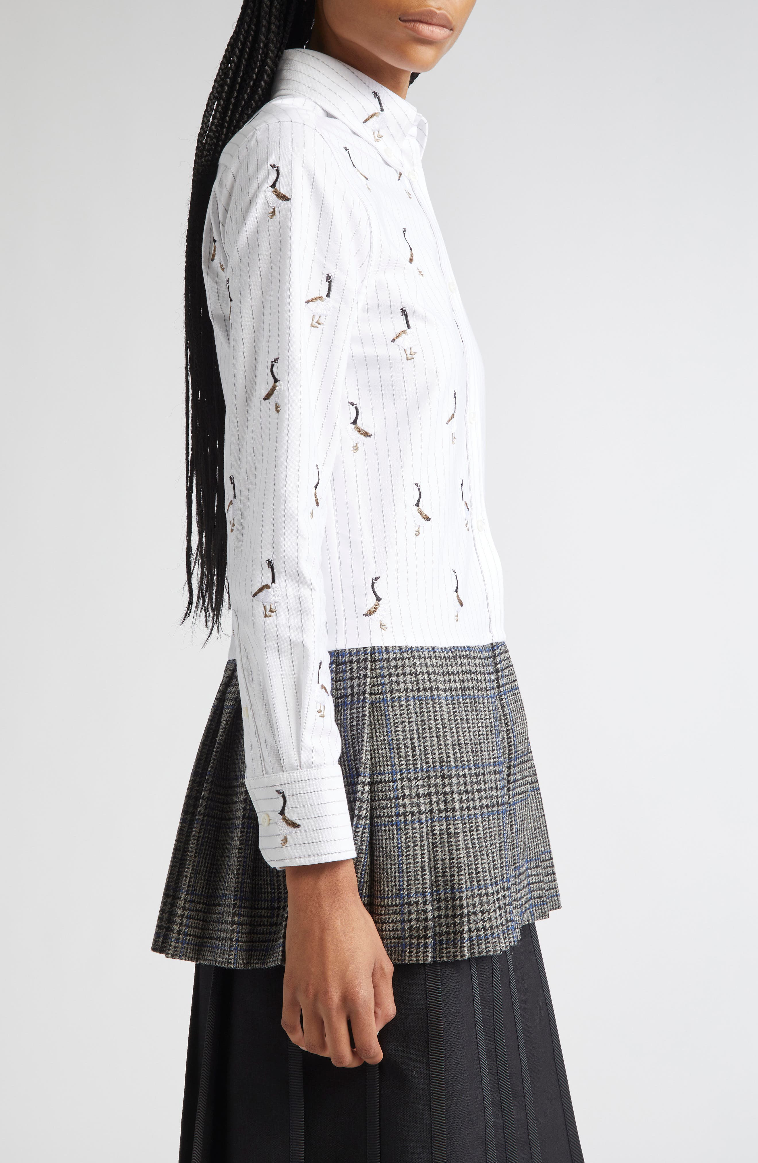 Thom Browne Geese Embroidered Stripe Button-Down Shirt in Medium Grey at Nordstrom - 4