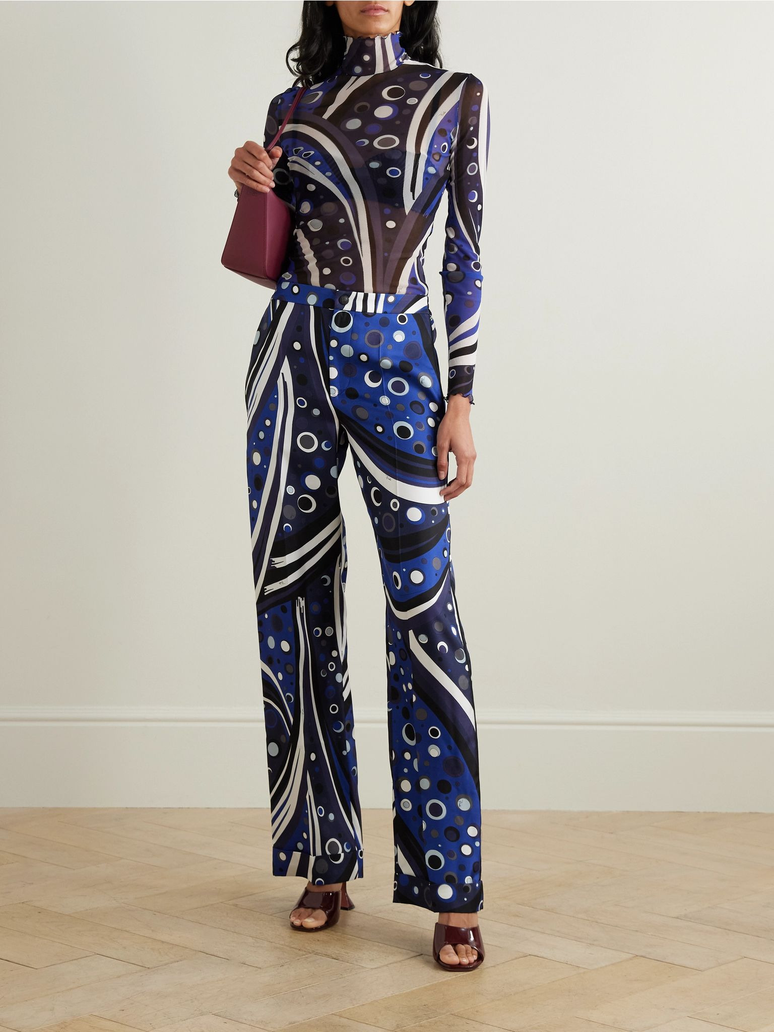 Printed silk-twill straight-leg pants Navy - 2