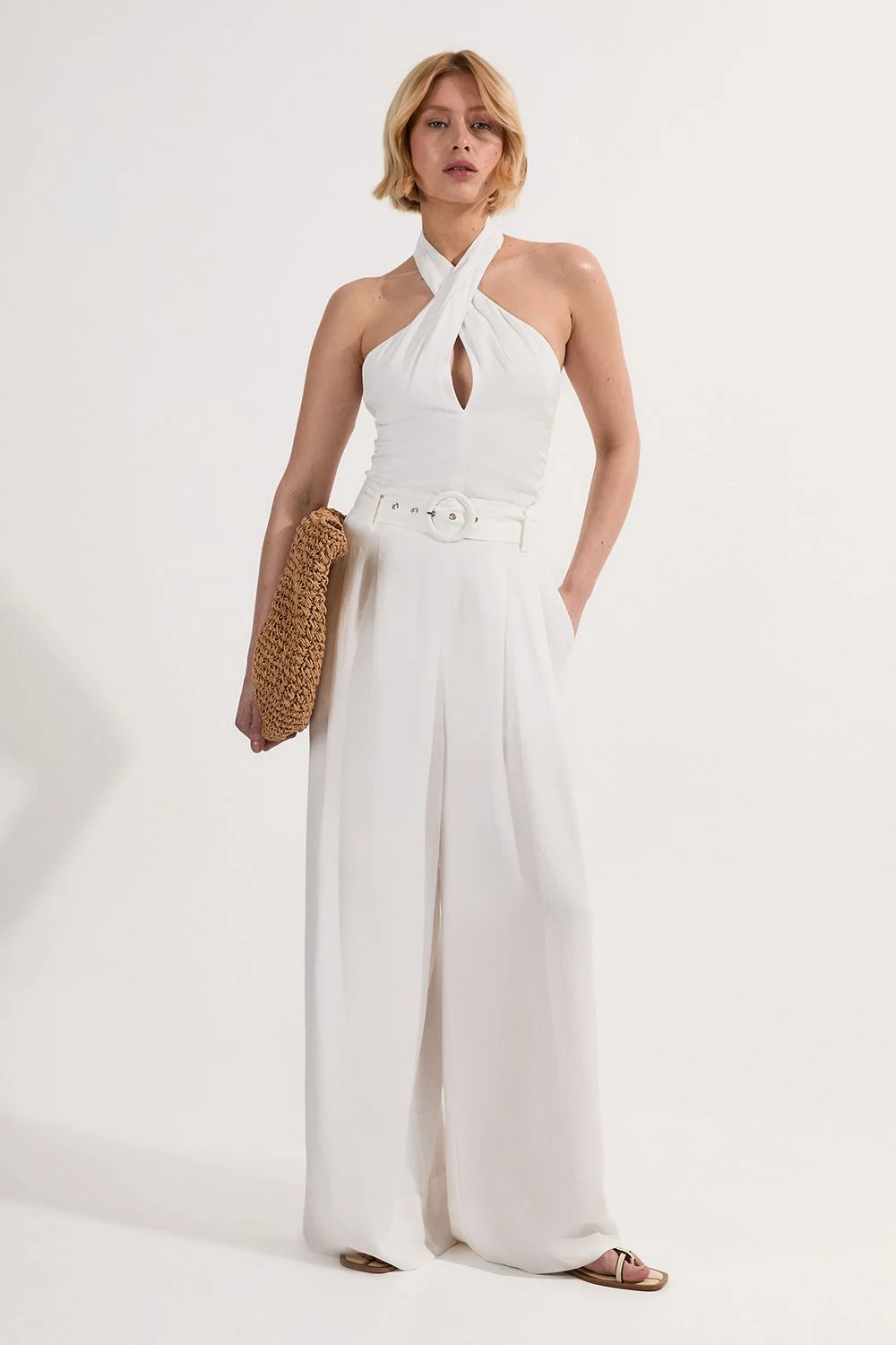 Premium Viscose Linen Cross Front Halter Belted Woven Wide Leg Jumpsuit - 1