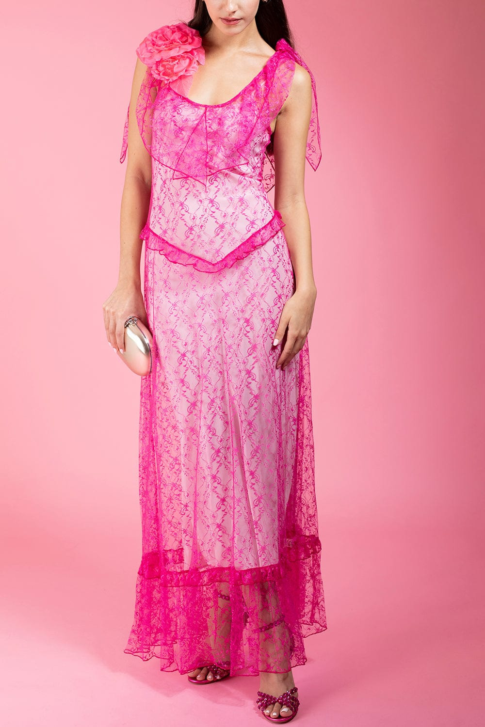 Floral Lace Dress With Ruffle Details - 4