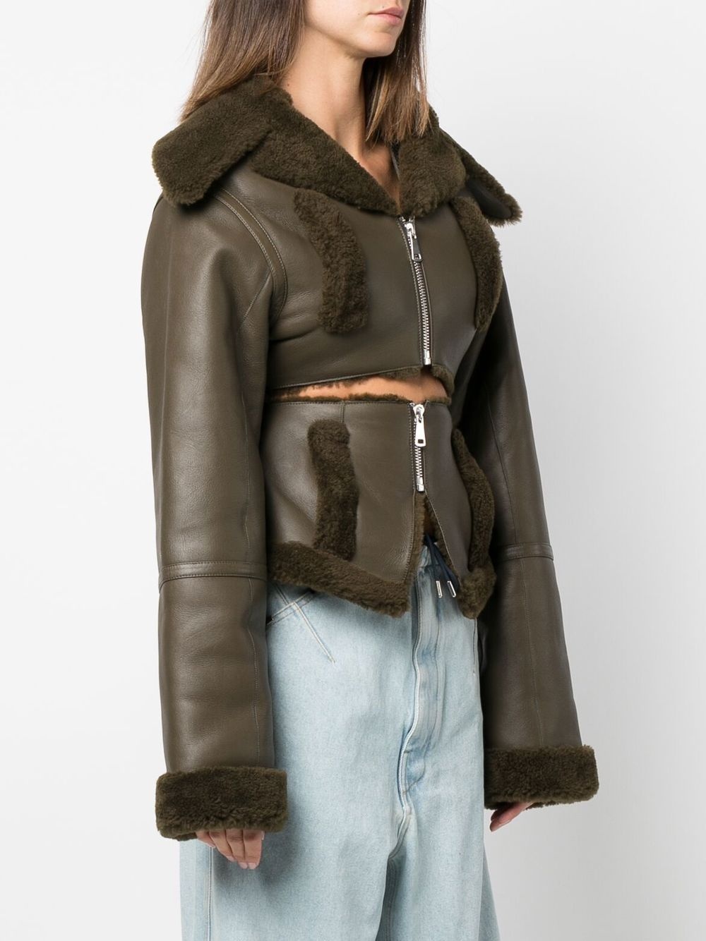 cut-out shearling-trim leather jacket - 3