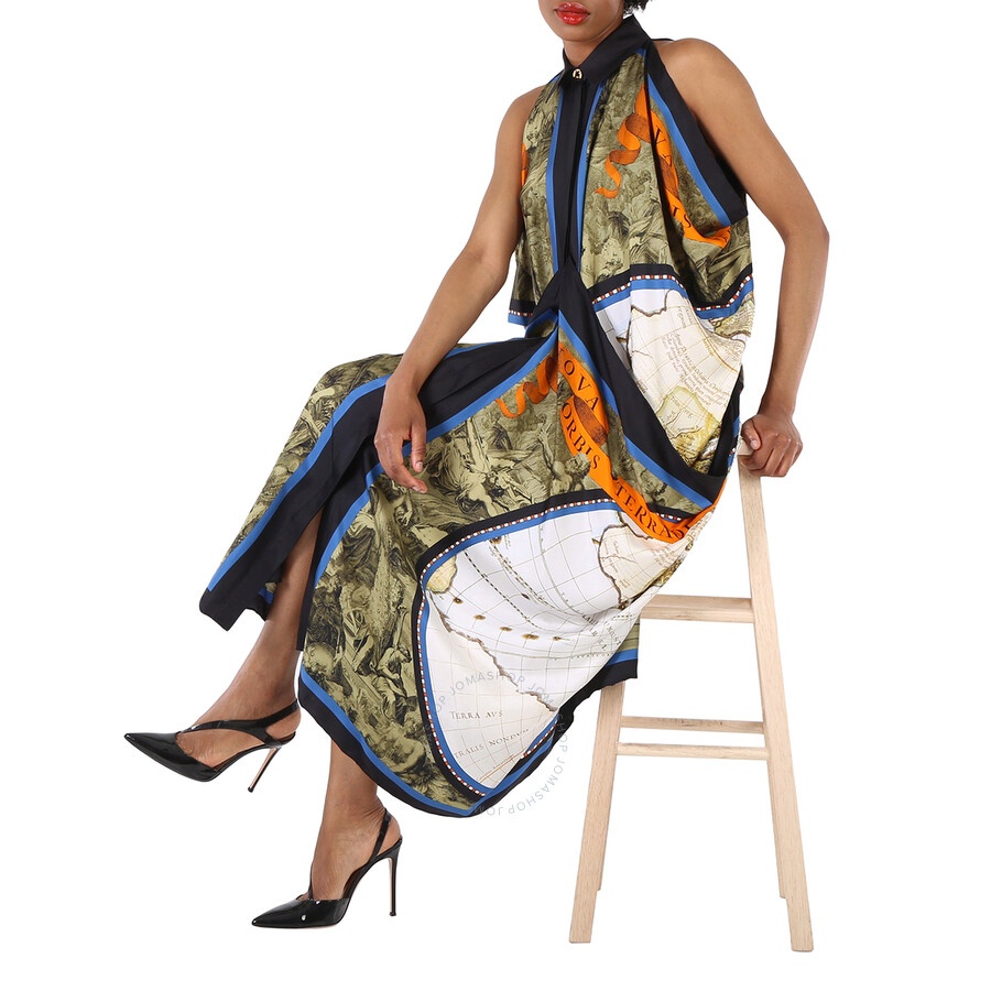 Burberry Ladies Antique Green Map Print Drape Silk Dress - 1