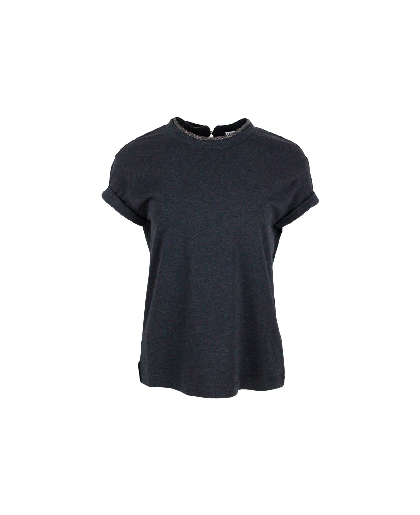 Short-sleeved T-shirt In Elasticized Stretch Cotton With A Crew Neck Edged With Jewels - 1