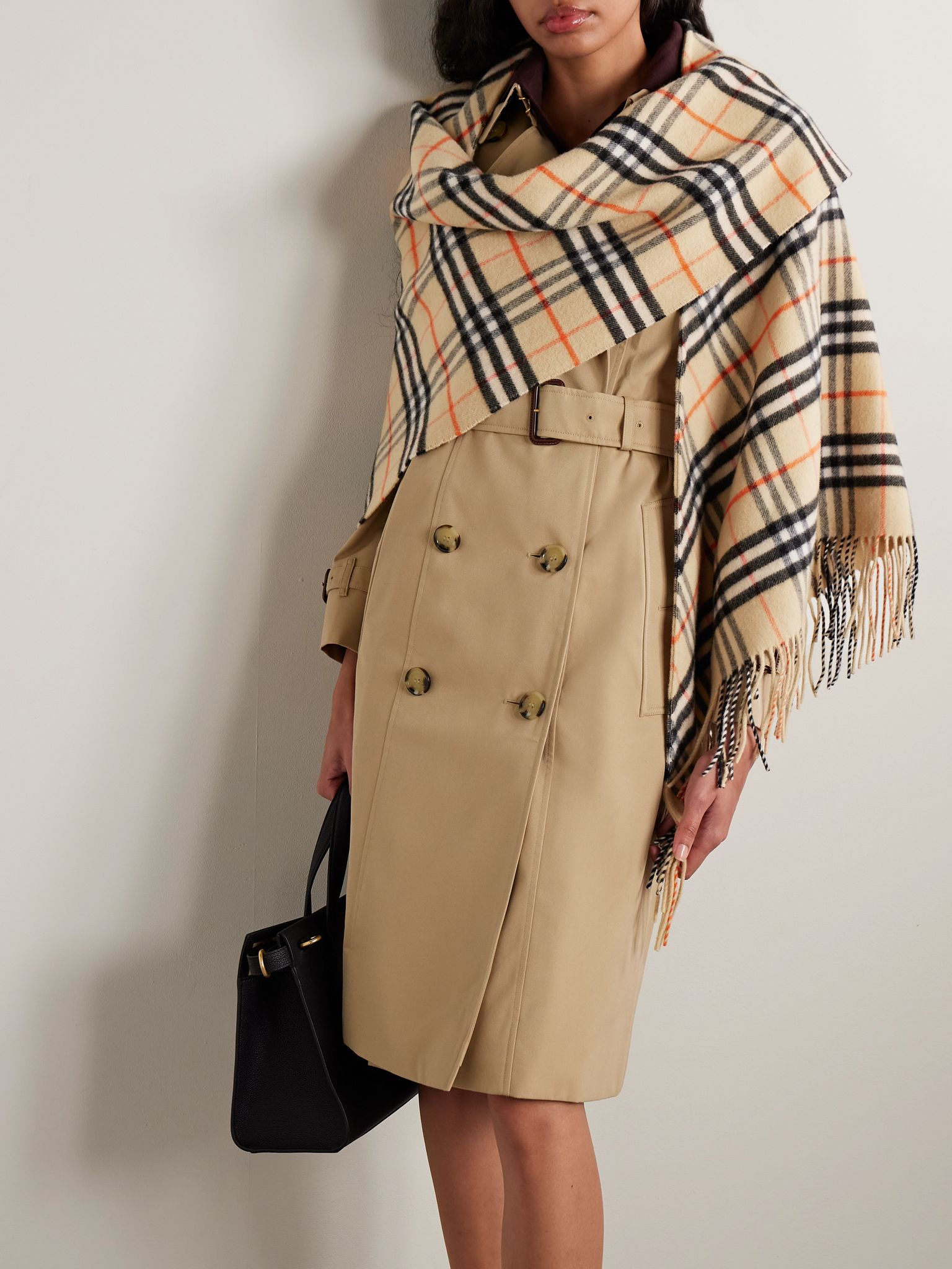 Fringed checked wool and cashmere-blend cape Sand - 2