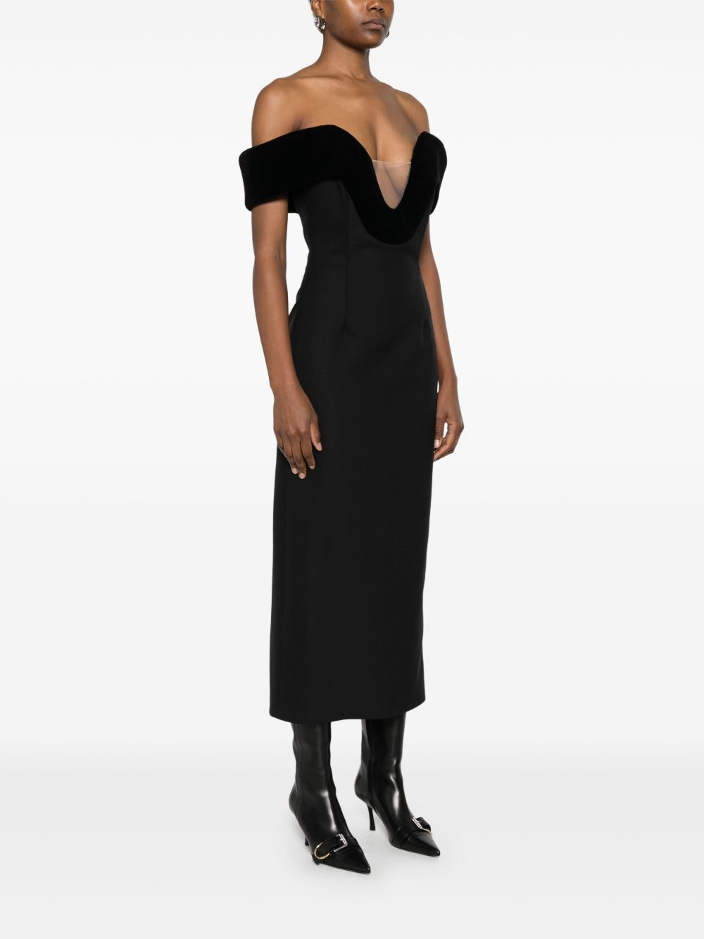 off-shoulder velvet-detail midi dress - 3