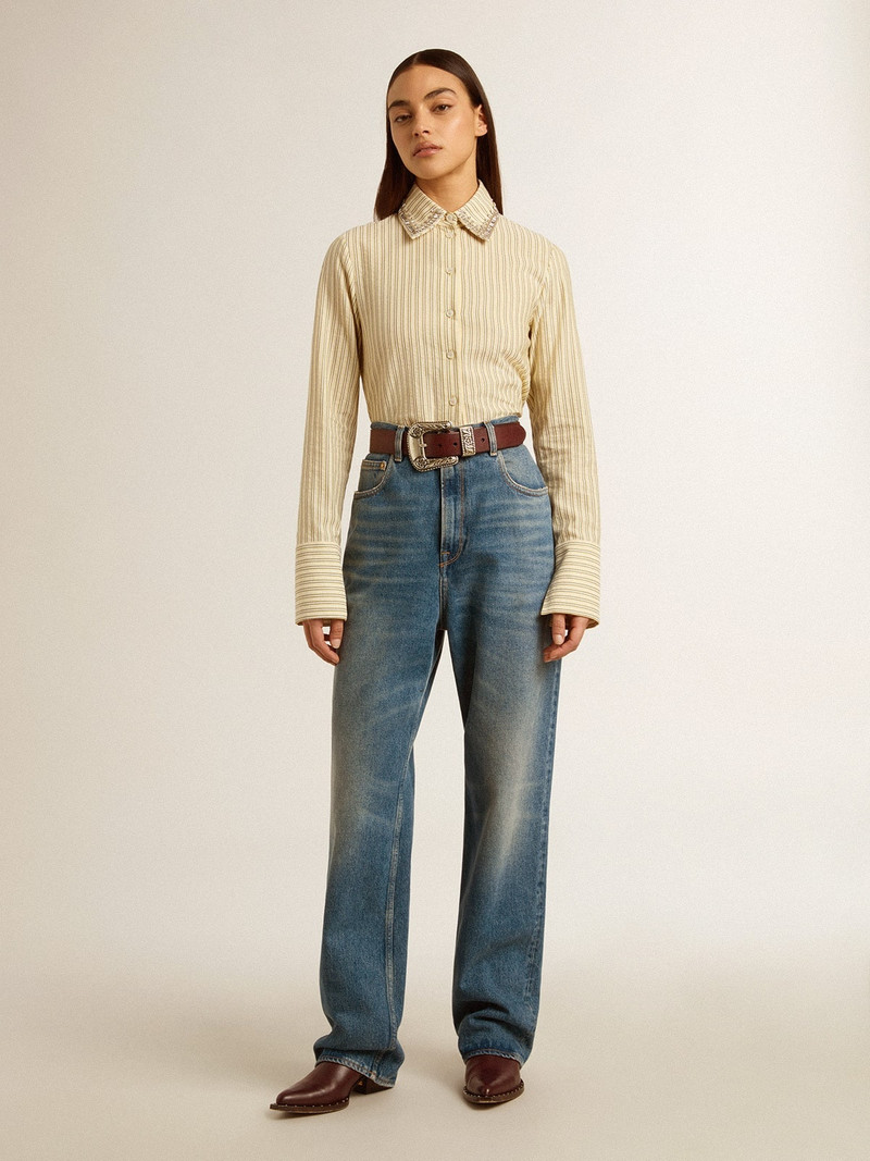 Ecru shirt with stripes and embroidered crystals 3