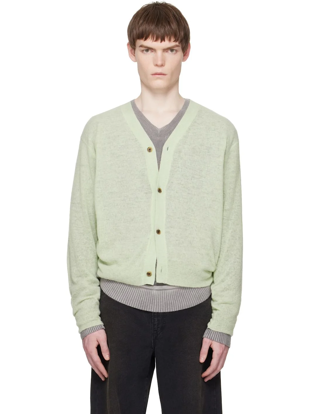 Green Knit V Neck Cardigan - 1
