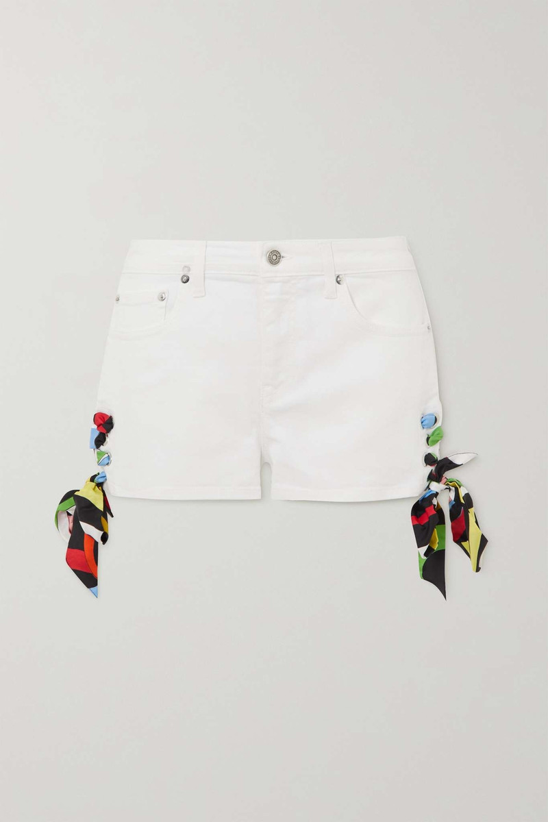 Tie-detailed silk-twill and stretch-denim shorts 1