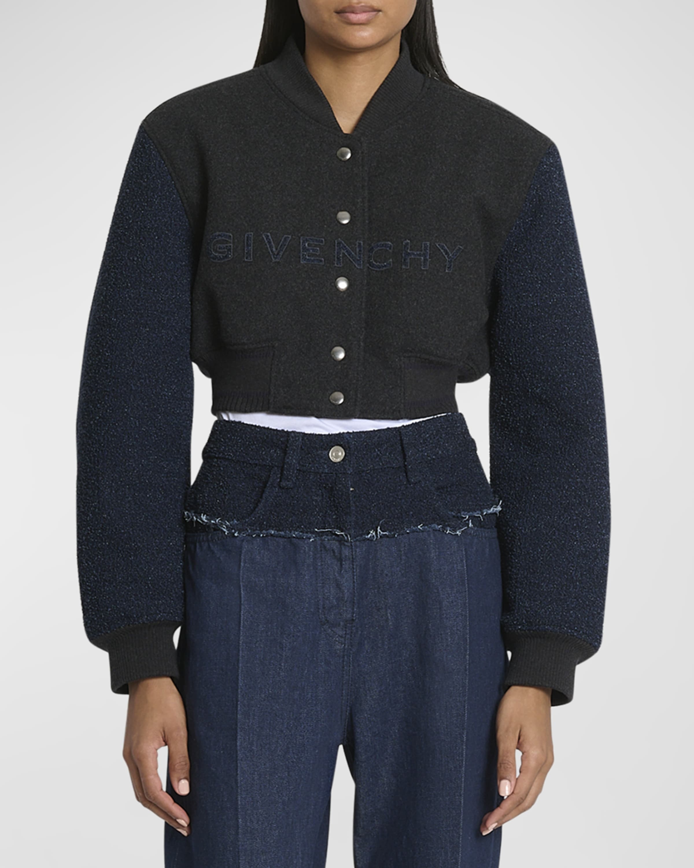 Boucle-Sleeves Crop Varsity Jacket - 2