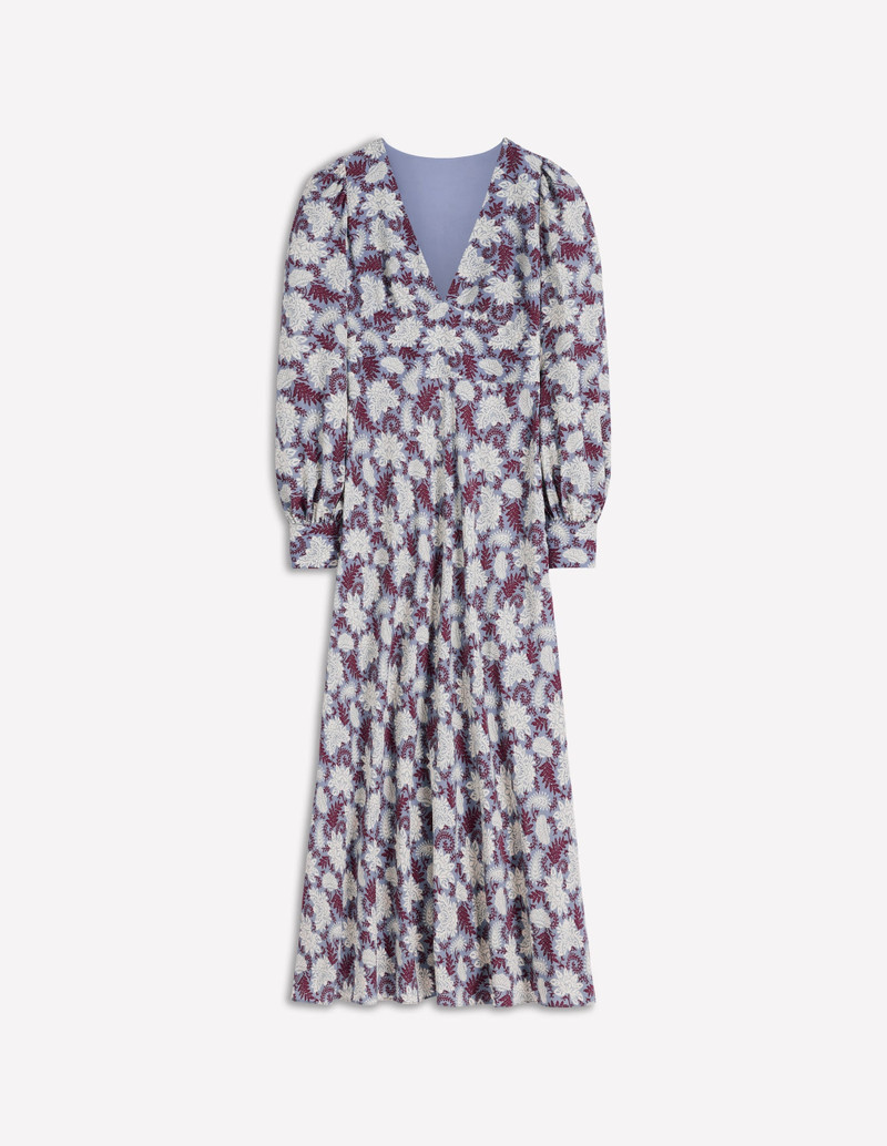 V-neck Blouson Sleeve Dress-Multi Blooming Flora 1