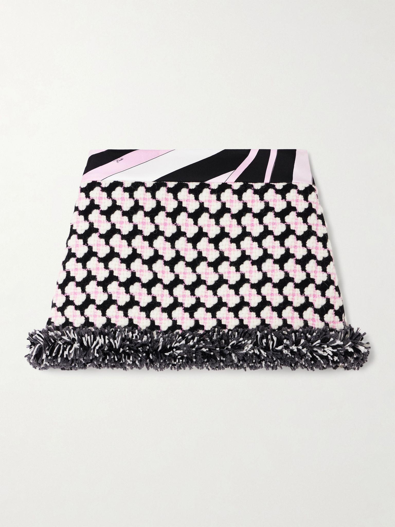 Printed fringed crepe-trimmed wool-blend tweed mini skirt Pink - 1