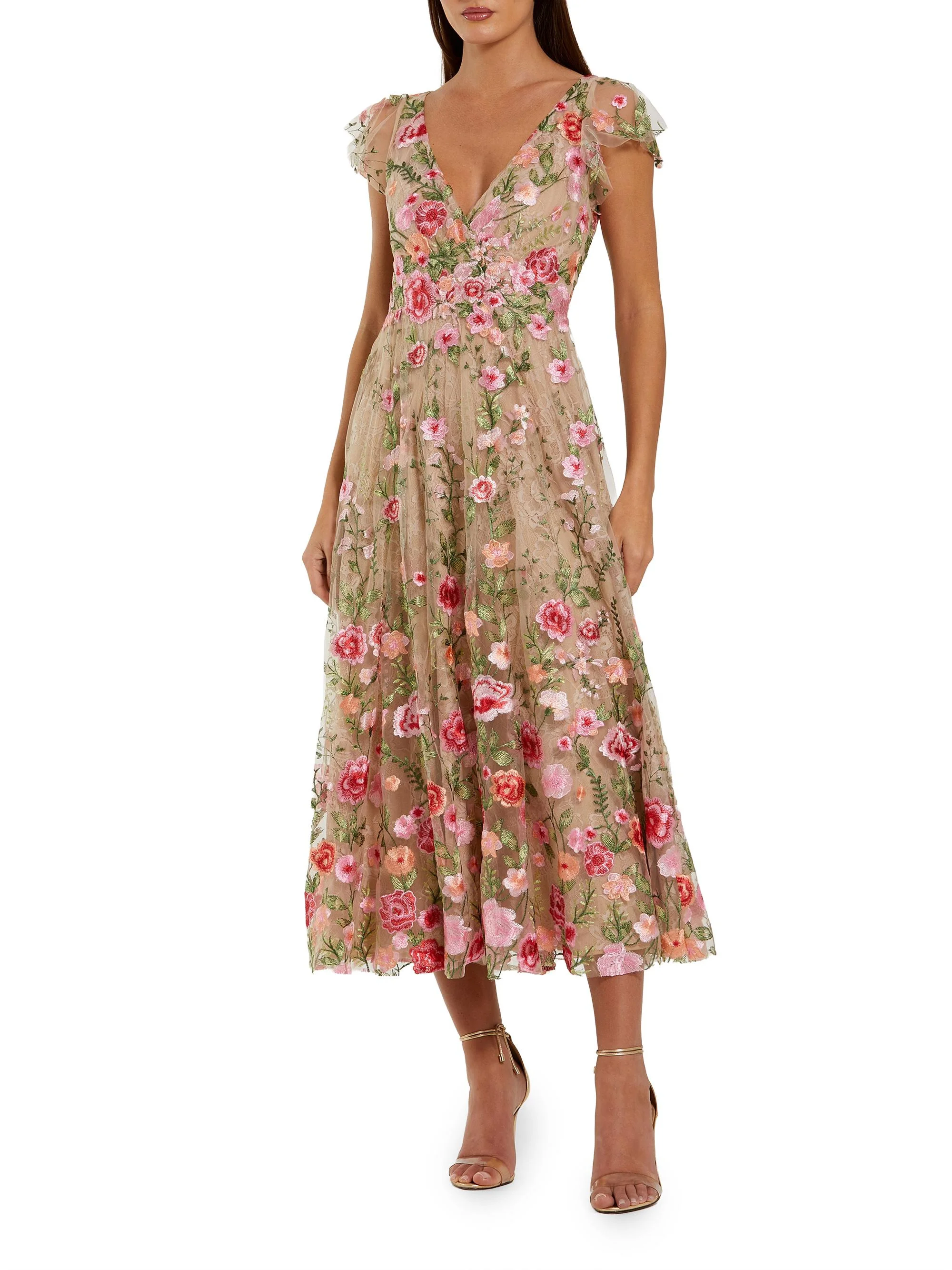 Women's Floral Embroidered Mesh V-Neck Midi-Dress - Beige Multi - 1