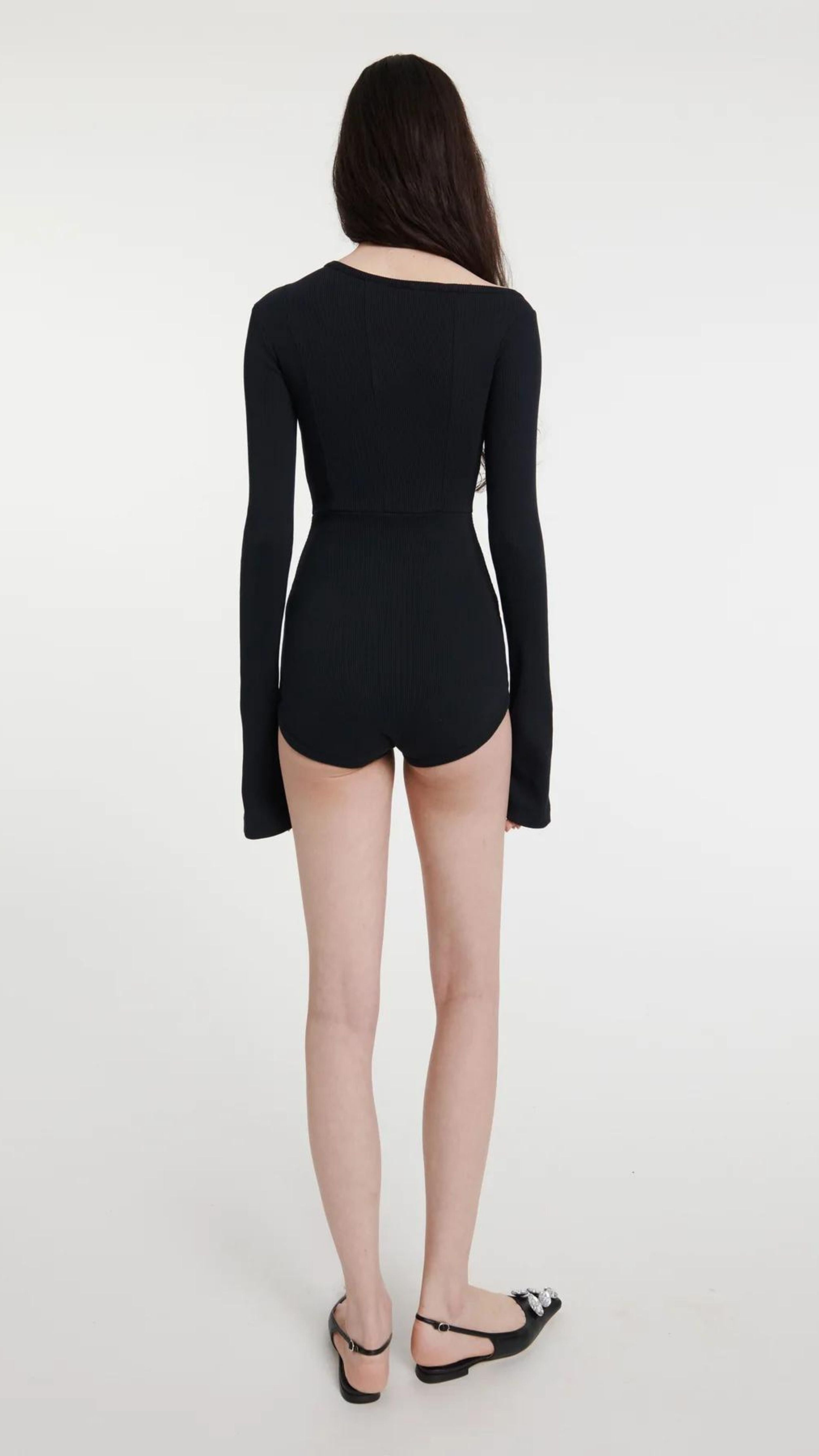 Body Suit with Asymmetrical Collar in Black - 8