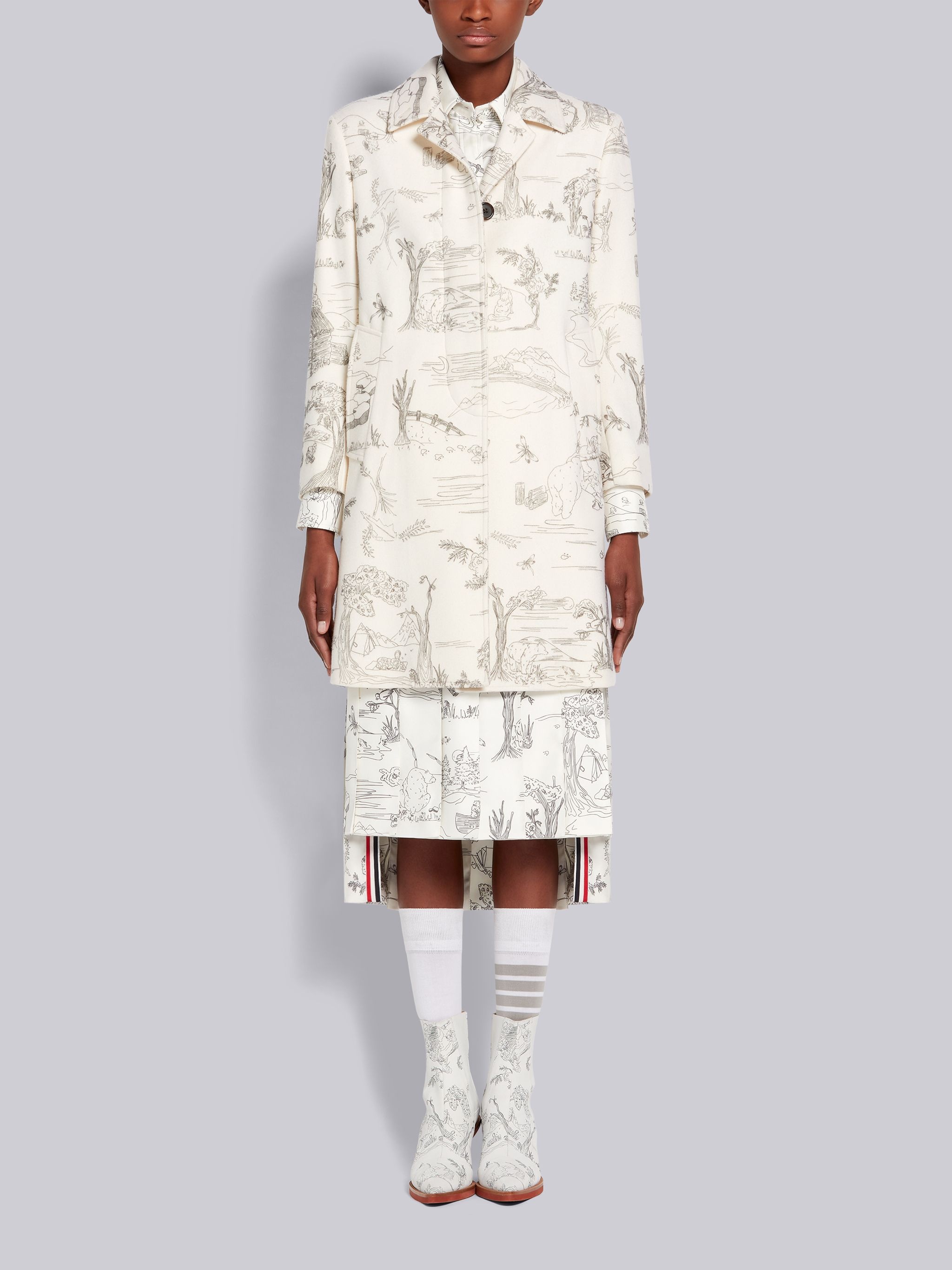 White Animal Camp Toile Printed Cashmere Unconstructed Narrow Shoulder Bal Collar Overcoat - 1