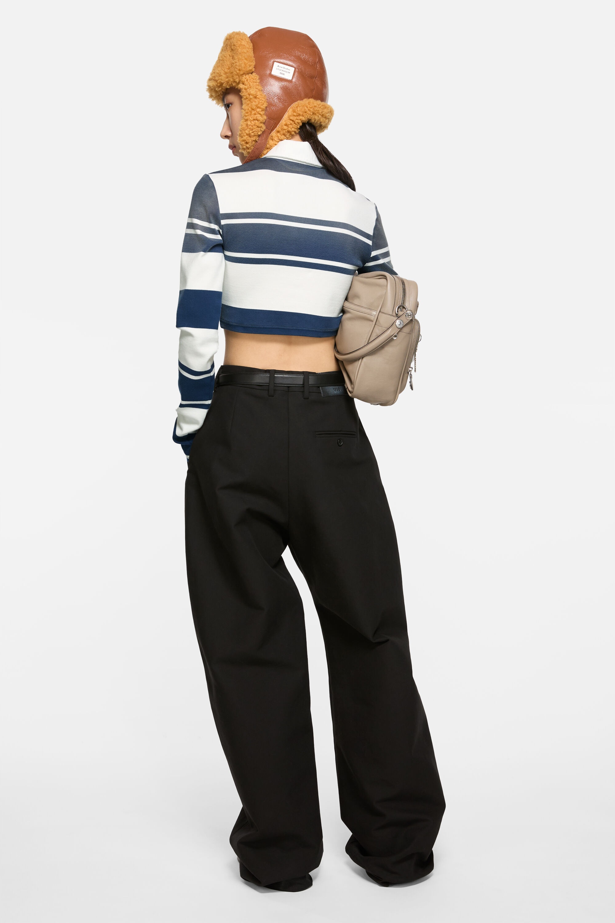 Cropped long sleeve polo - White/navy - 3