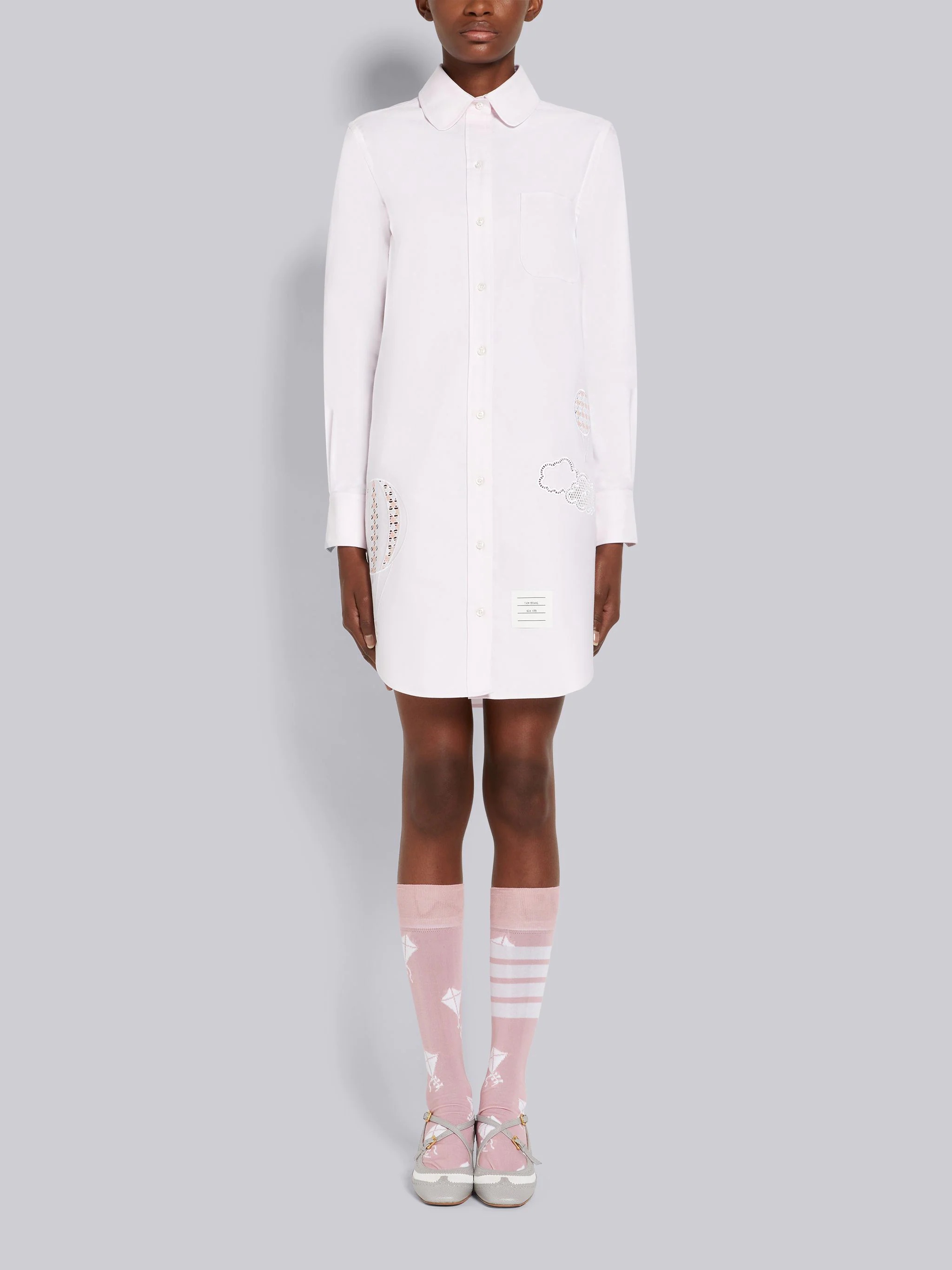 Light Pink Solid Oxford Broderie Anglaise Hot Air Balloon Round Collar Thigh Length Shirtdress - 1
