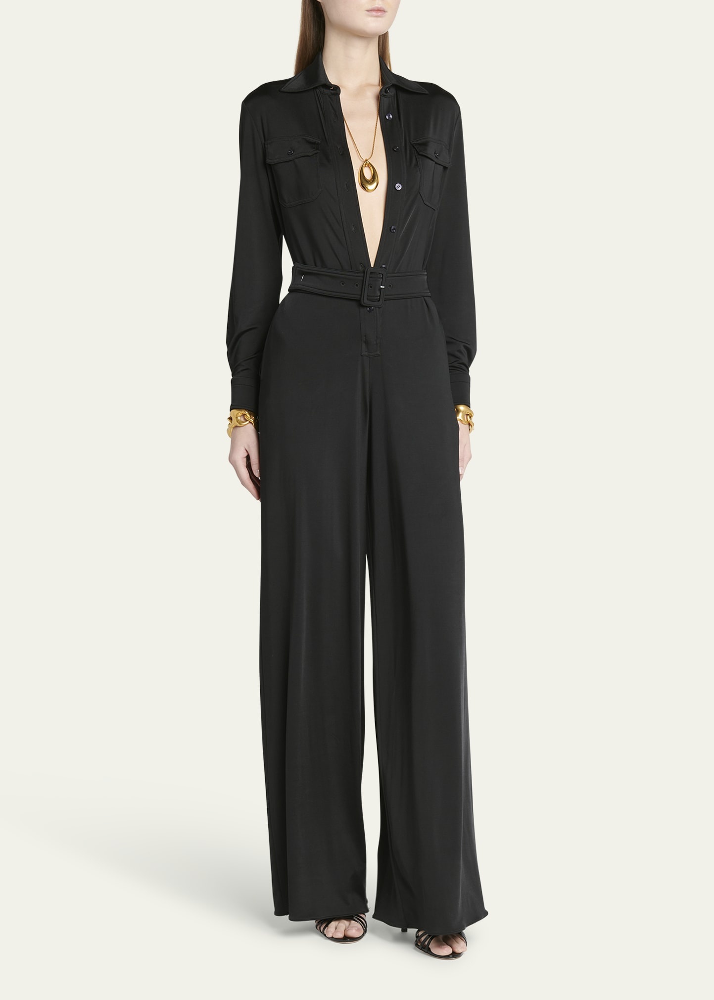 Self-Belt Satin Jersey Wide Leg Jumpsuit - 2