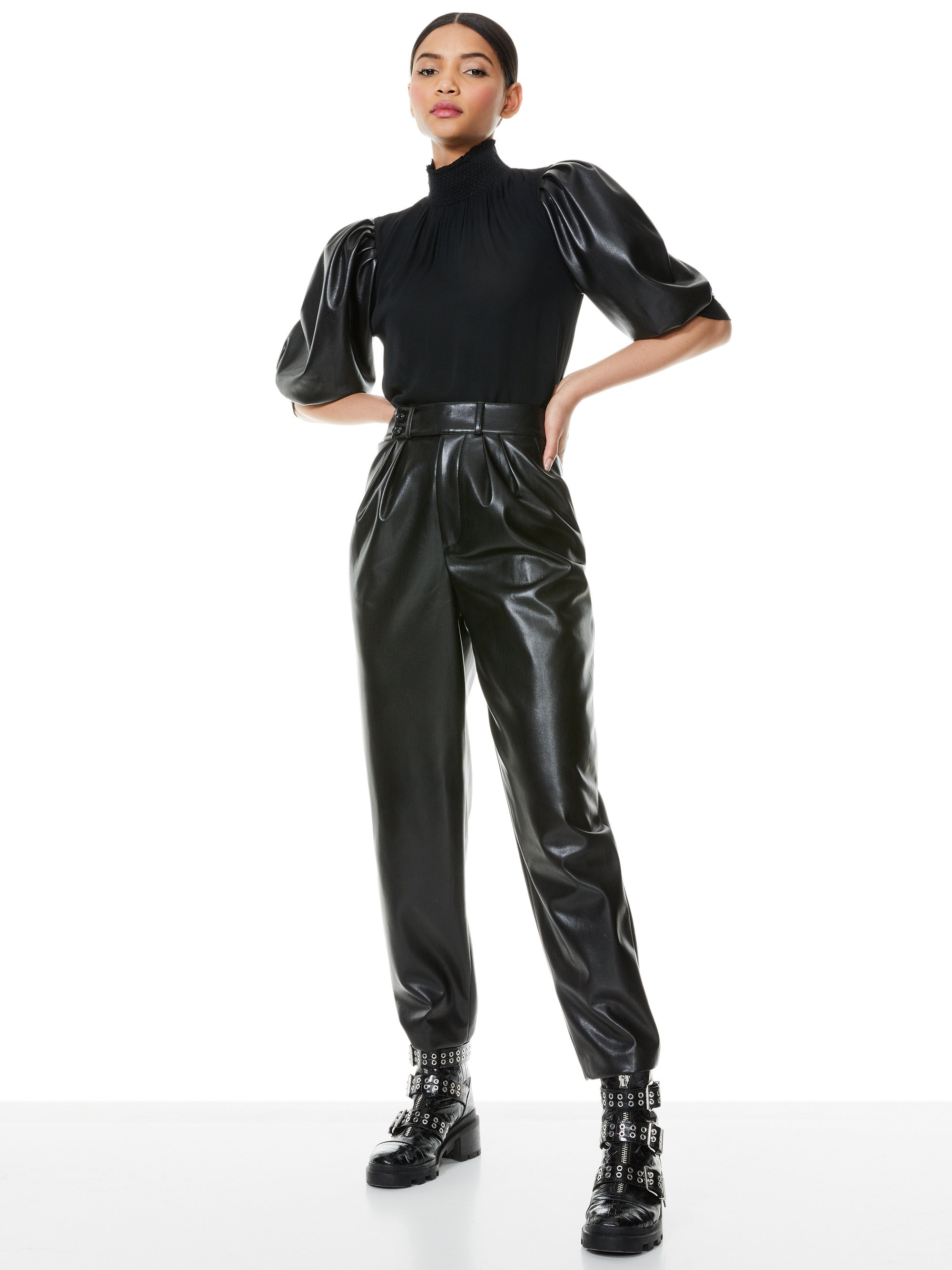 CARMINA VEGAN LEATHER SLEEVE BLOUSE - 4