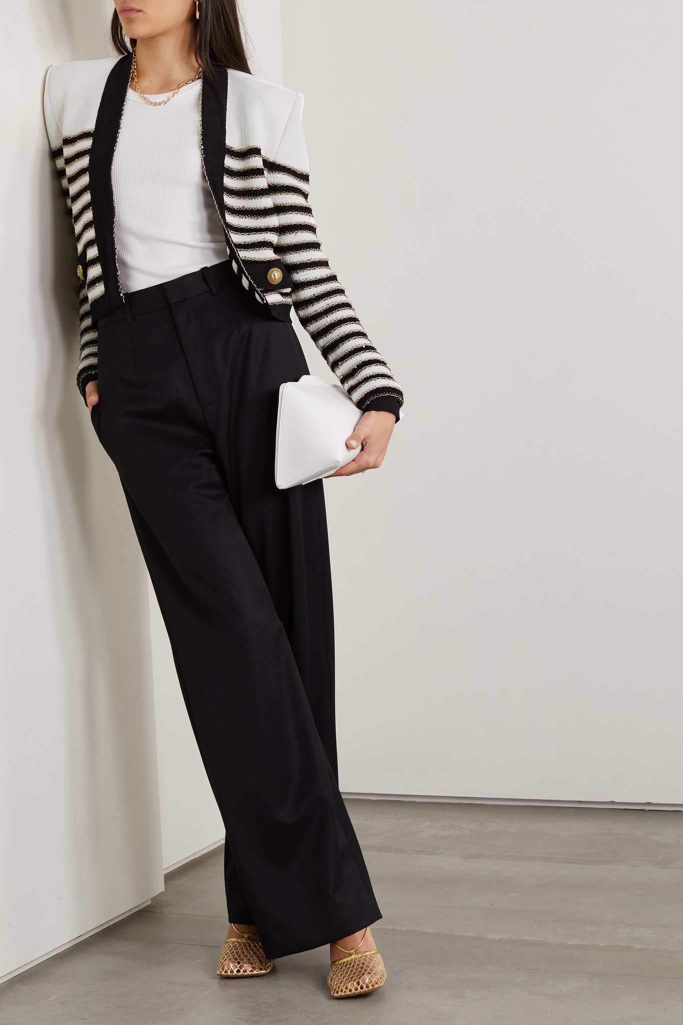 Button-embellished metallic striped knitted cardigan - 2