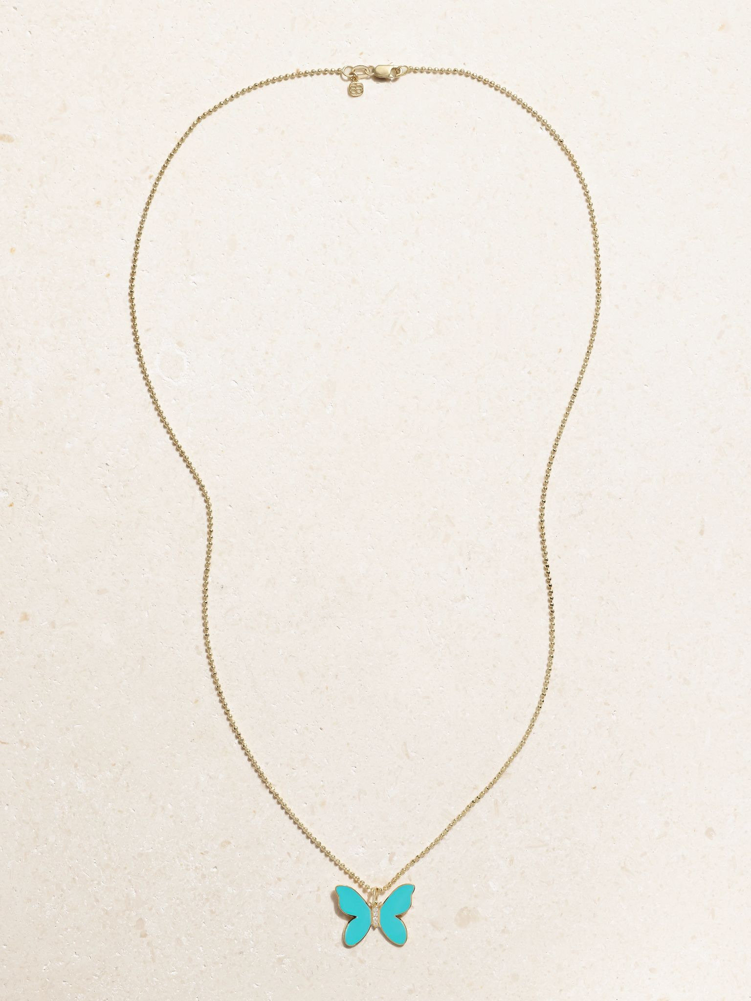 Butterfly 14-karat gold, enamel and diamond necklace Turquoise - 4